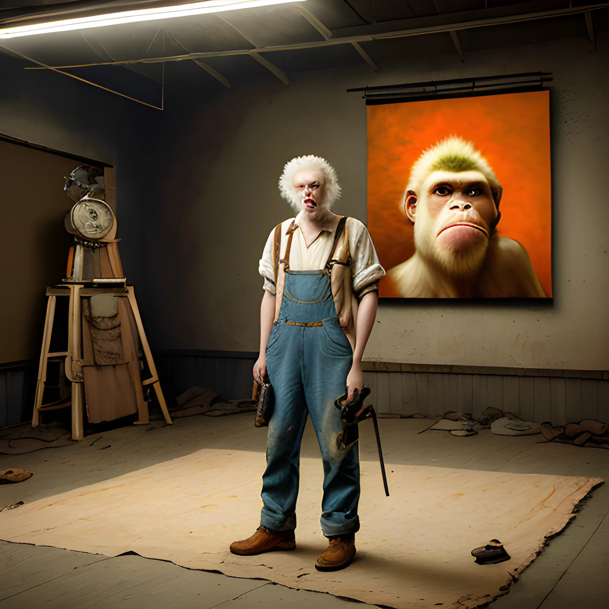 Realistic portraits of White Gorilla in an old photo studio, Wearing an extremely worn orange linen shirt and denim overalls, Worn-out cloth shoes, Holding a gun, The gun is pointed at You, dark light, heavy atmosphere, Pastel colors of skirts, Light skin face, Rembrandt Light, Andrea Kowch Style, bruce munro style, Character concept design, 