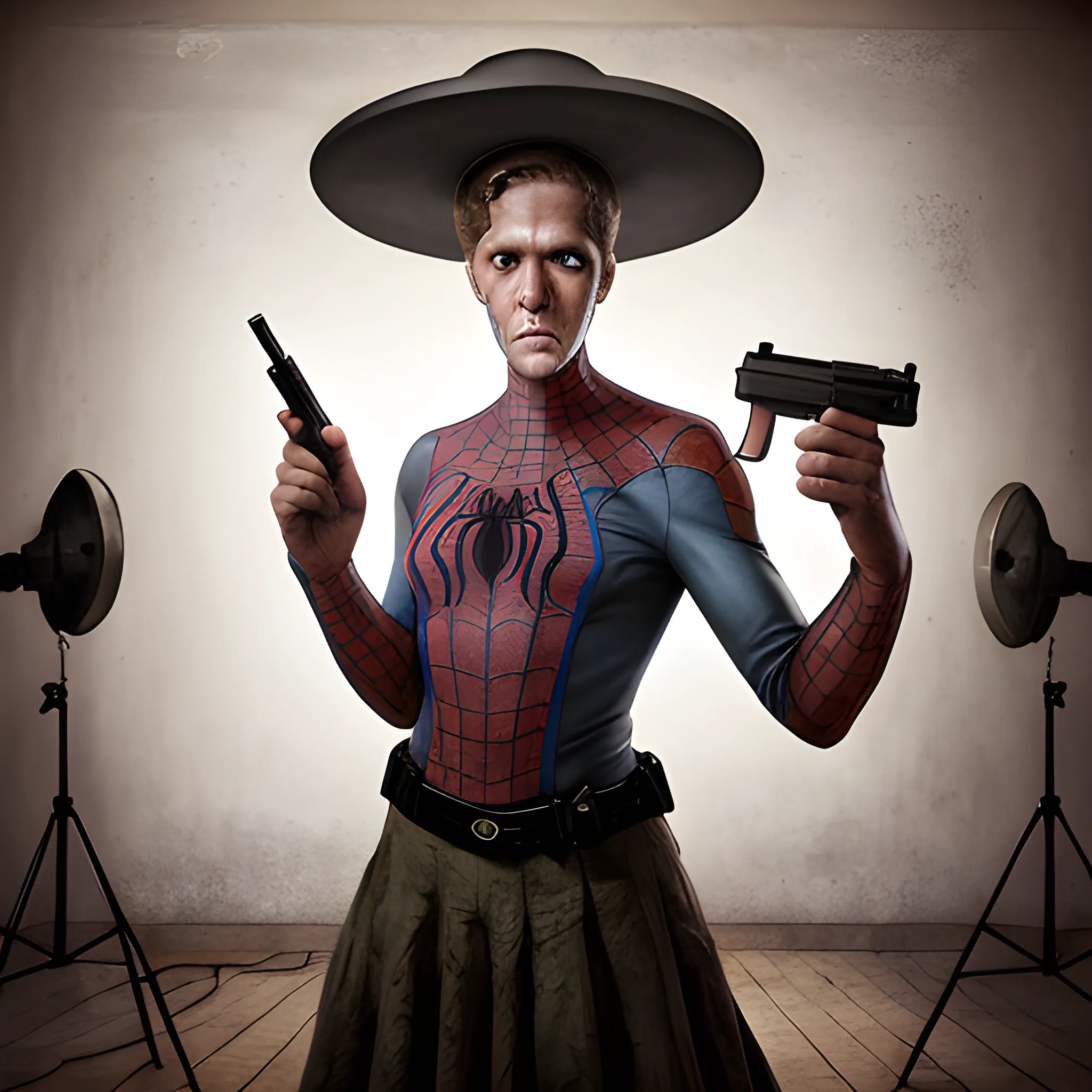 Realistic portraits of Octopus in an old photo studio, Spiderman costume, Holding a gun, Aim at you, dark light, heavy atmosphere, Pastel colors of skirts, Light skin face, Rembrandt Light, Andrea Kowch Style, bruce munro style, Character concept design,