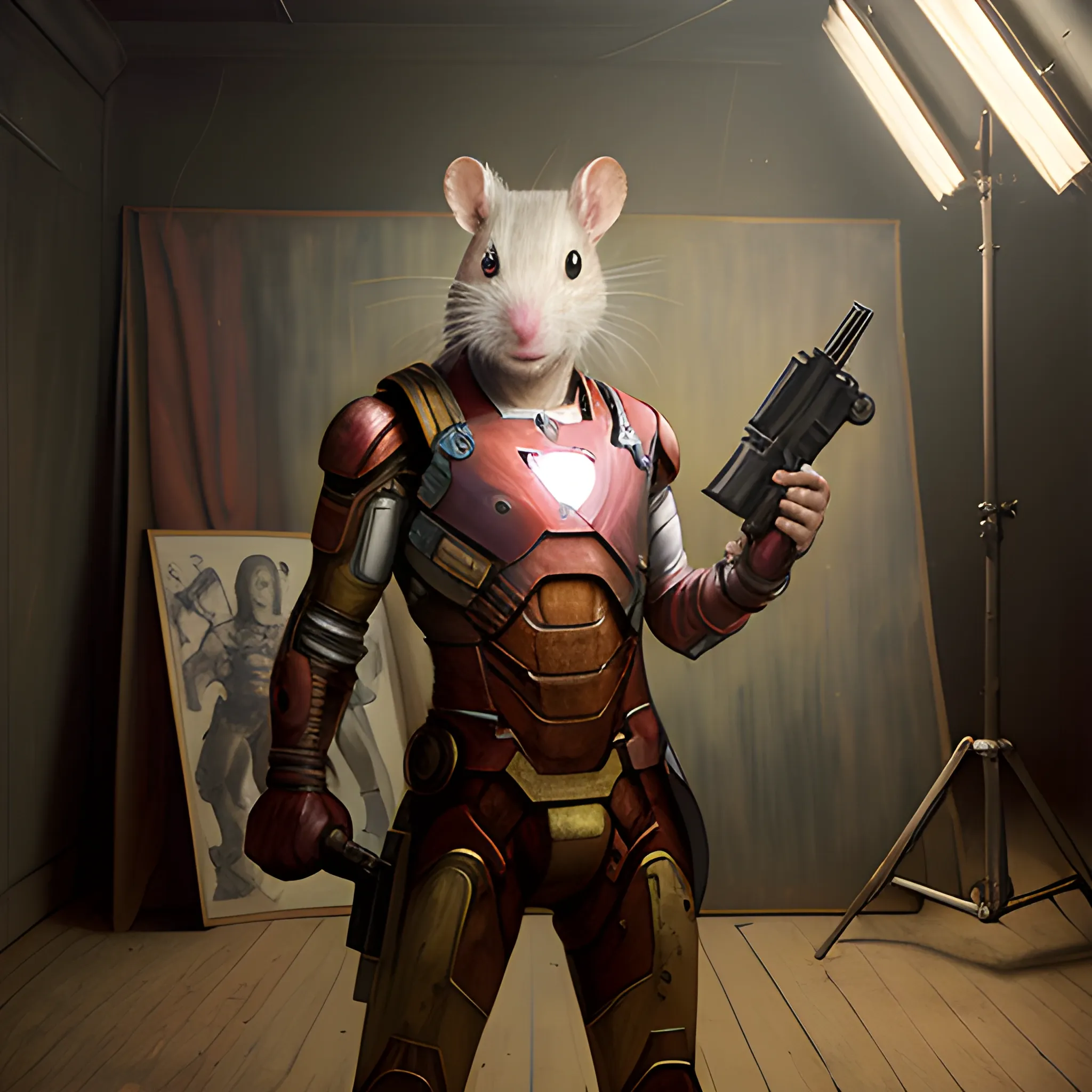 Realistic portraits of White Rat in an old photo studio, Ironman costume, Holding a gun, The gun is pointed at you, dark light, heavy atmosphere, Pastel colors of skirts, Light skin face, Rembrandt Light, Andrea Kowch Style, bruce munro style, Character concept design, 