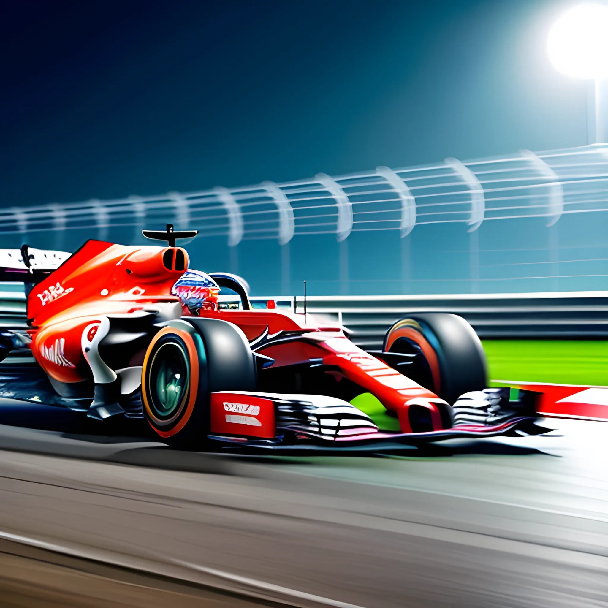 best quality, masterpiece, high resolution, 1 girl, F1 Racing，whole body, from side, Night driving, Contest, bold composition, Motion Blur, speedy action, detailed, Bokeh, (Motion blur:1.6)，Dramatic lighting, high speed photography，Motion Blur, Award-winning photography，