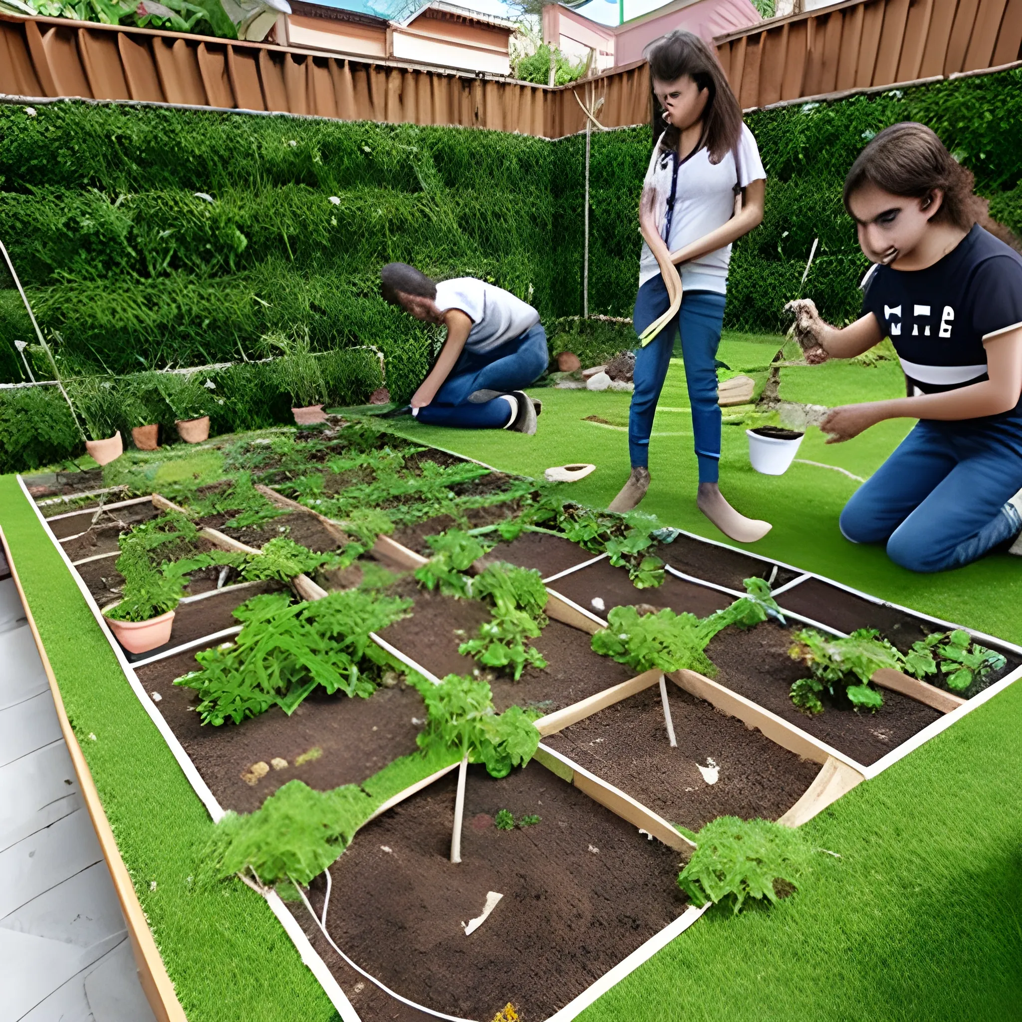 Imagen: Estudiantes trabajando juntos en un proyecto de jardín. Algunos están plantando flores, otros están diseñando el layout del jardín.
, Trippy