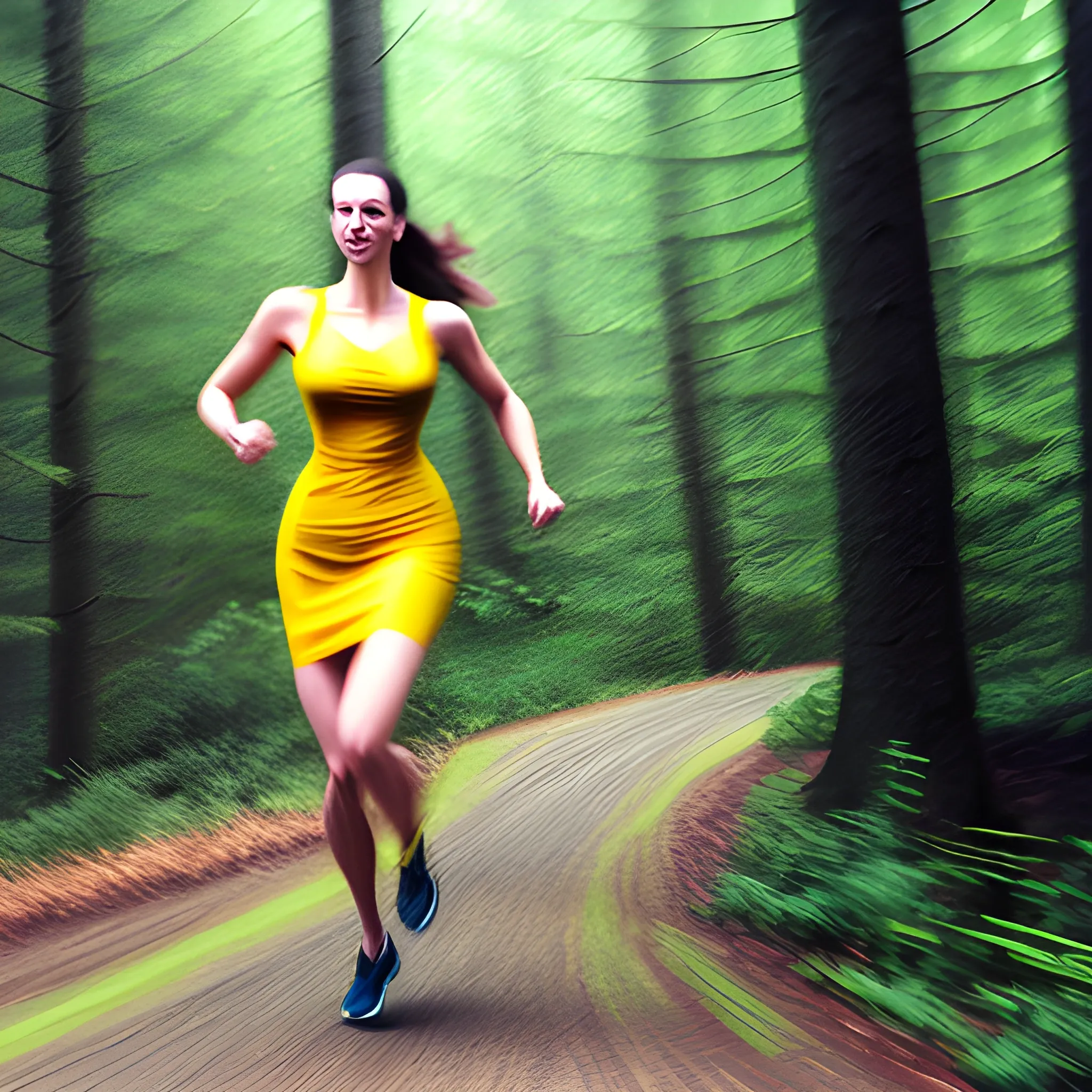 long exposure photo, girl in the forest, yellow dress, running, motion blur, Pencil Sketch, running away