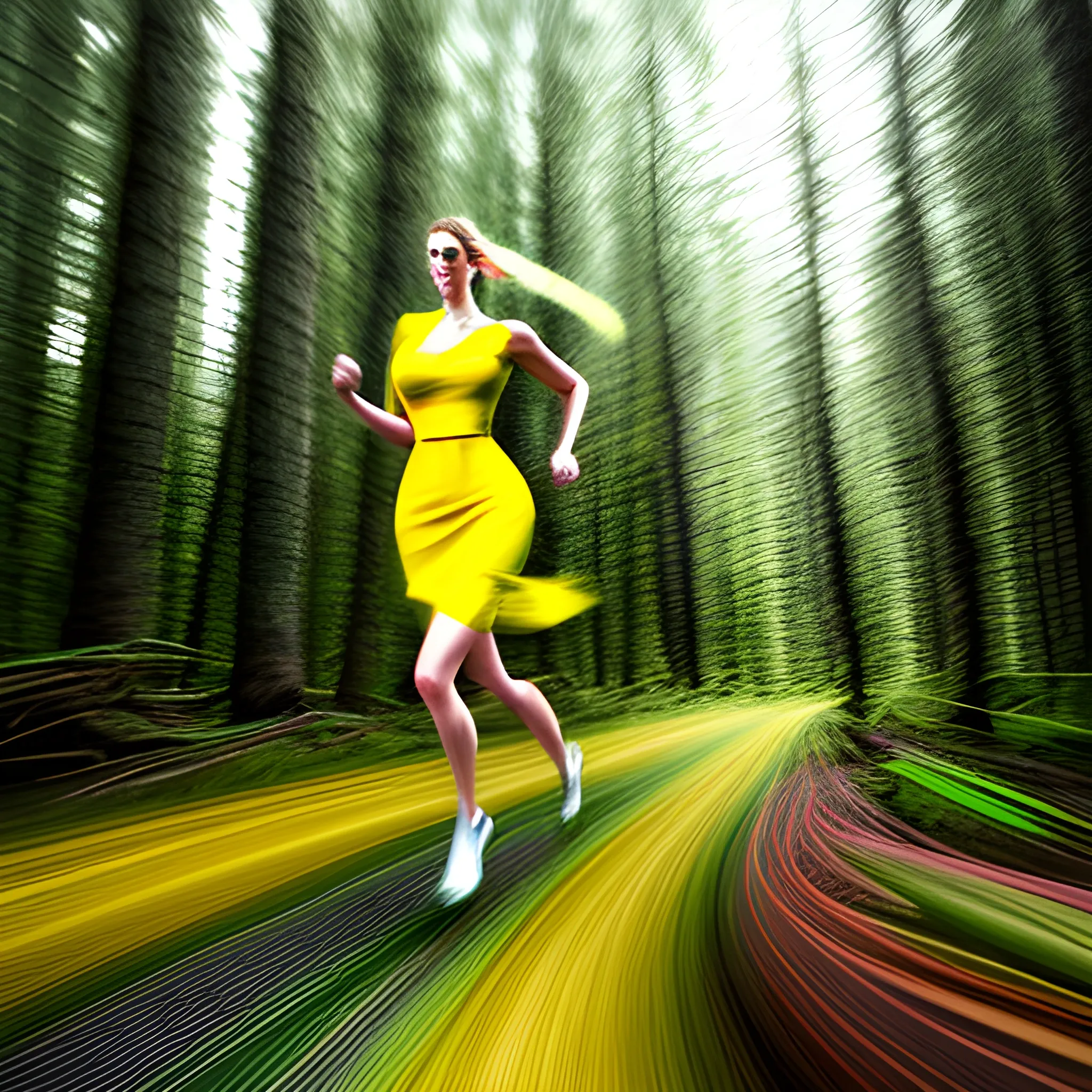 long exposure photo, girl in the forest, yellow dress, running, motion blur, Pencil Sketch, running away, Pencil Sketch, Trippy