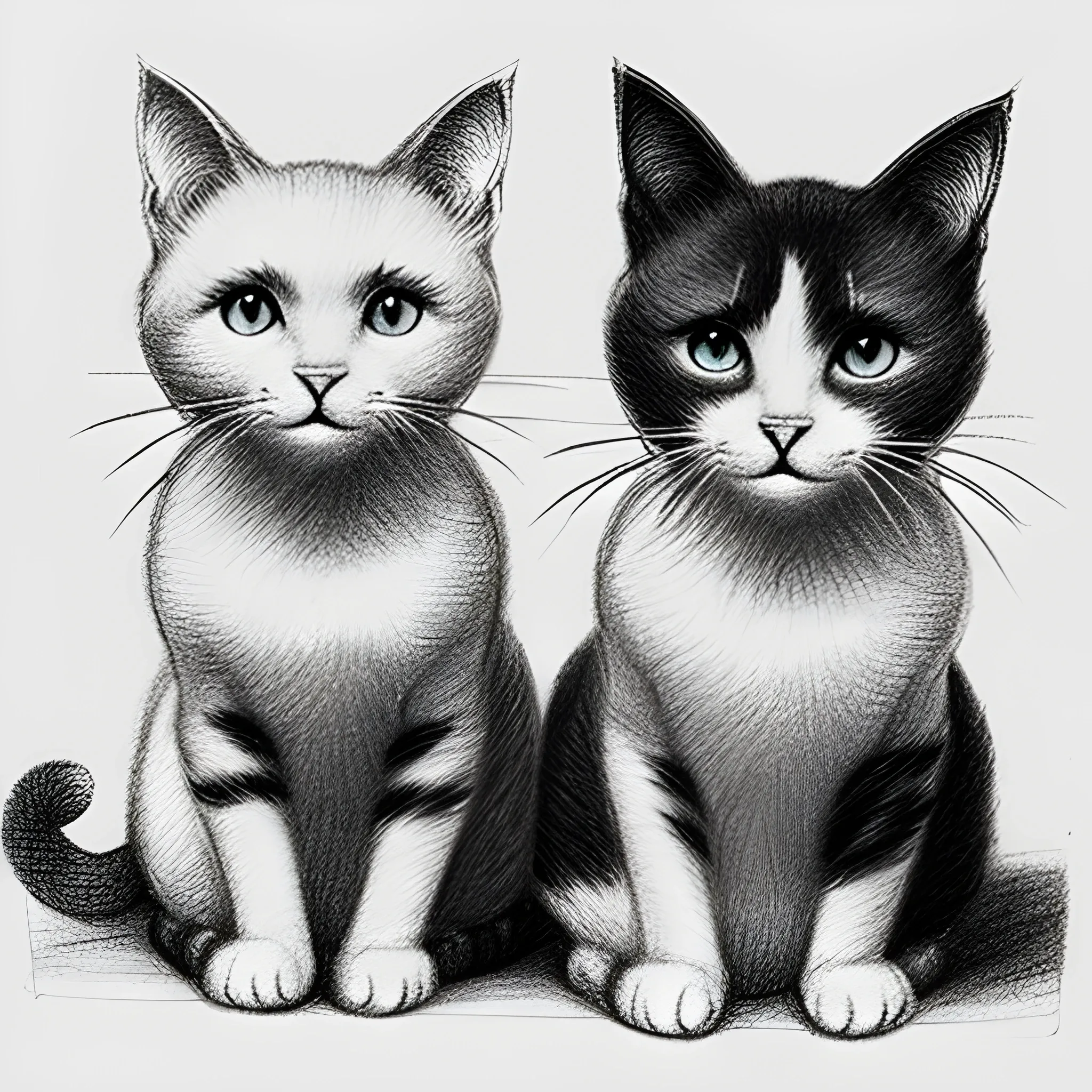 two cats white and black, Pencil Sketch