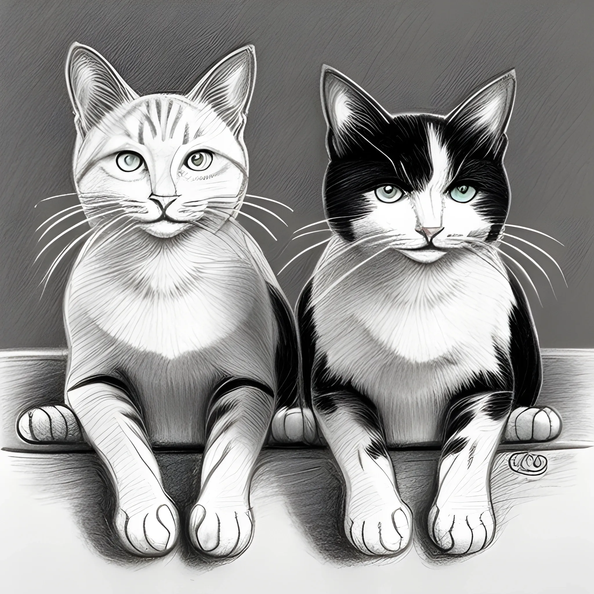 two cats one white and one black, Pencil Sketch