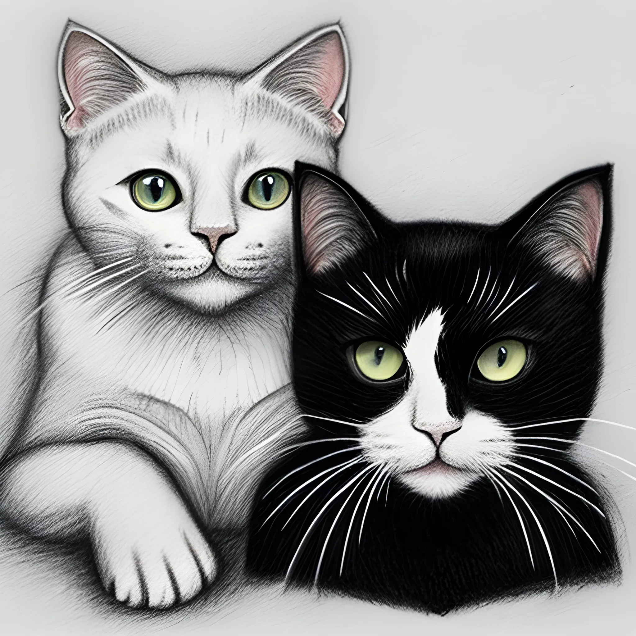 white cat and black cat, Pencil Sketch