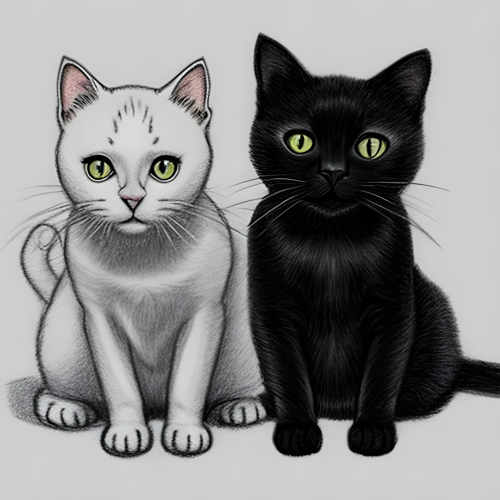 white cat and full black cat, Pencil Sketch