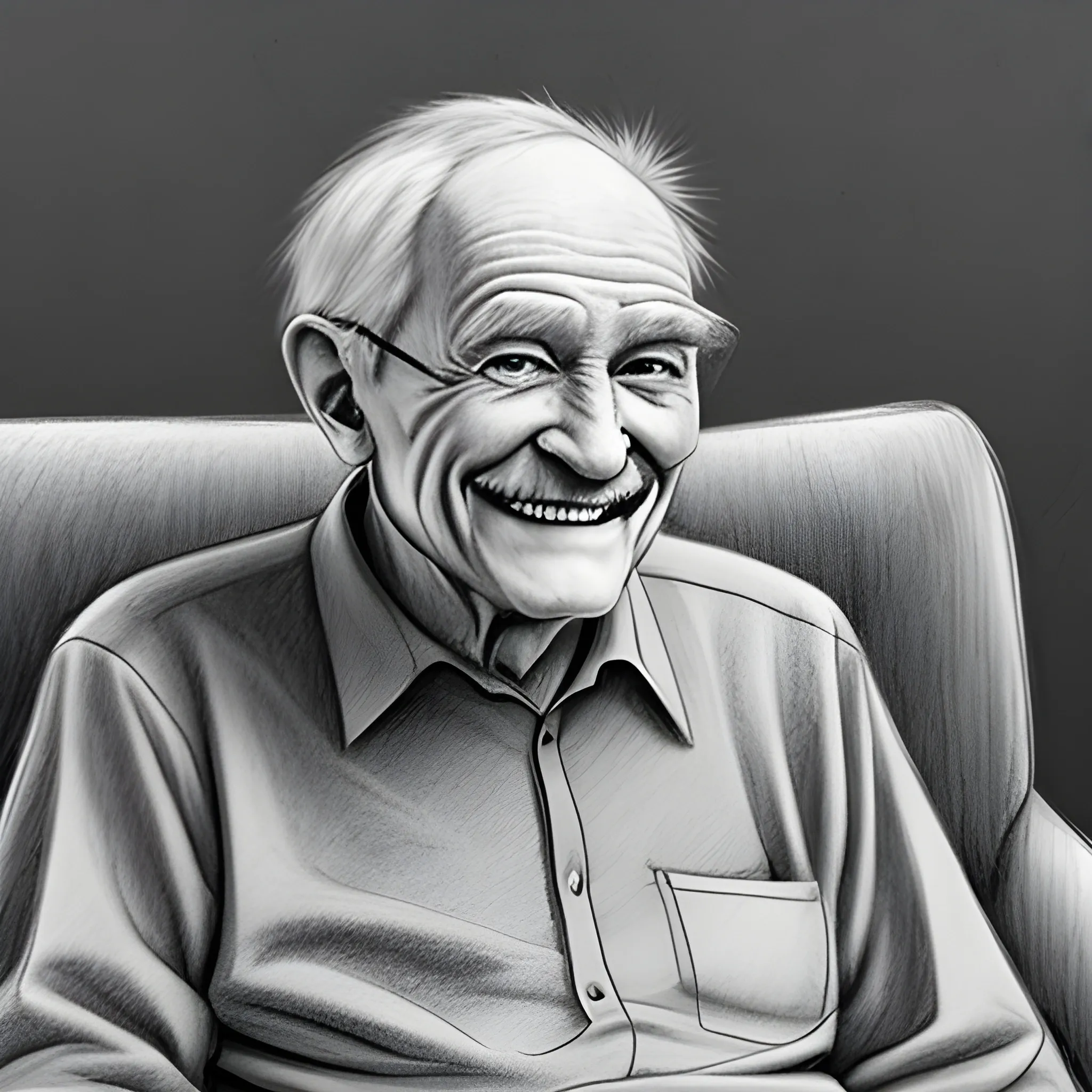 smiling old man sitting on the sofa, Pencil Sketch