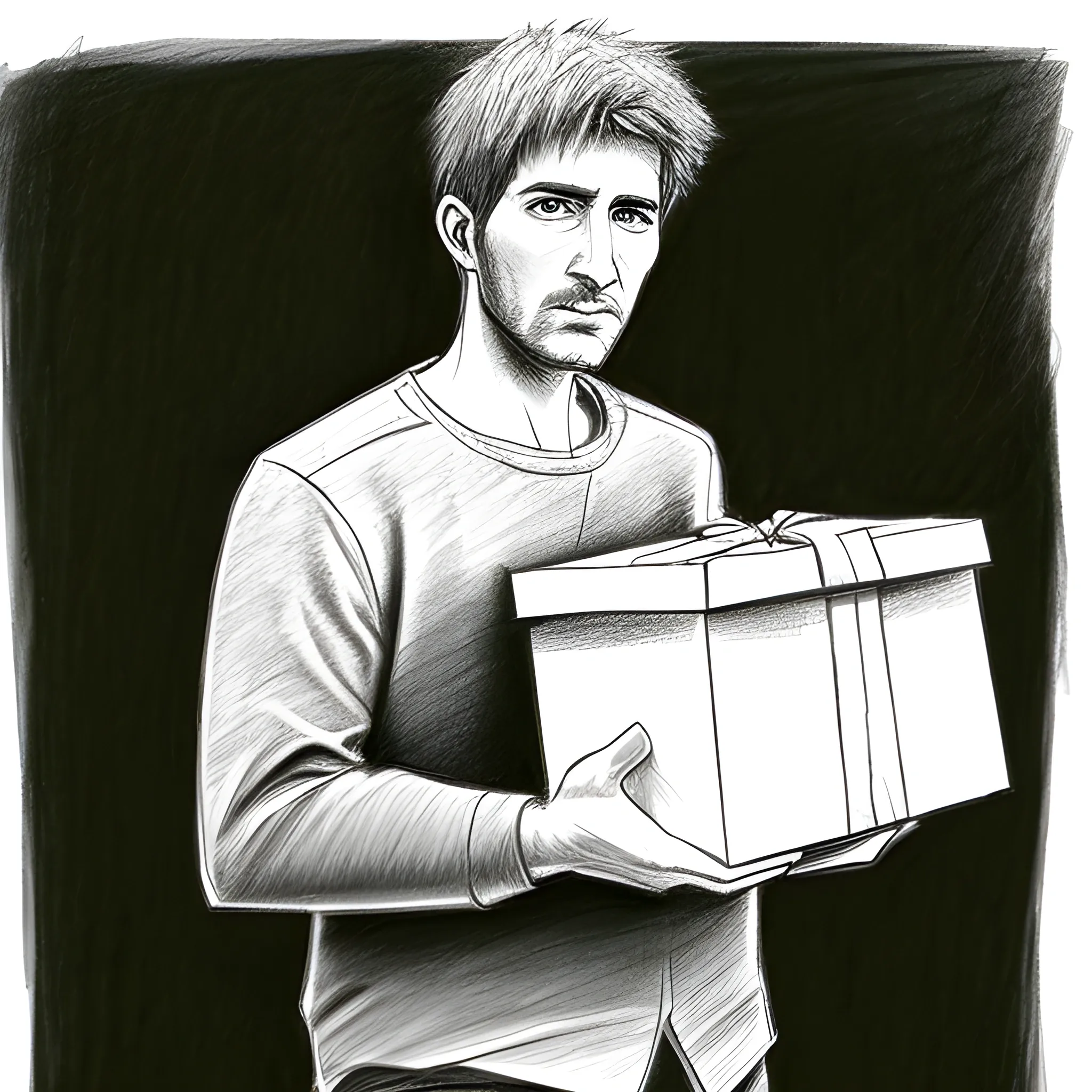 man with big present box, Pencil Sketch