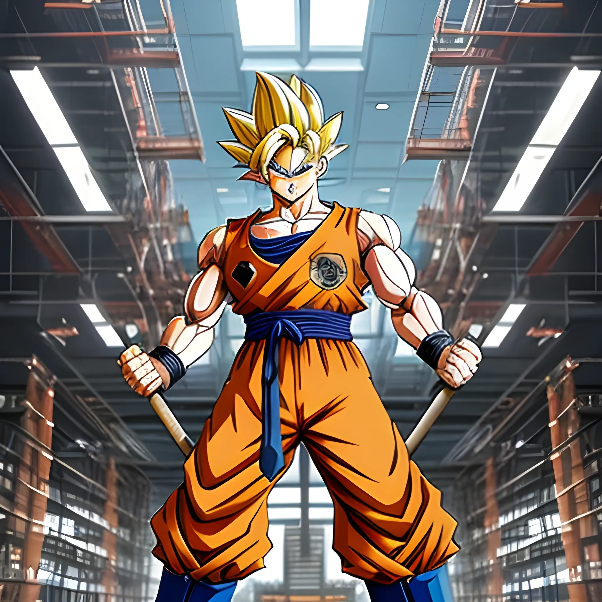 Image from the Dragon Ball universe of Goku as an adult, with his classic spiky hairstyle and dressed in work clothes, a tank top and pants. He is on a large construction site of a corporate building, with scaffolding, cranes and materials everywhere. Instead of normal tools, around them are multiple computer servers, large CPU systems, server racks and cables stretching everywhere. Around his waist is a belt with Viking tools such as a war hammer, a battle ax and a knife. Goku easily lifts a large steel beam with one hand, while with the other he appears to be entering commands into a terminal connected to a nearby server. In the background, workers are seen using a giant viking brush made of wood and hair to smooth the fresh concrete.
