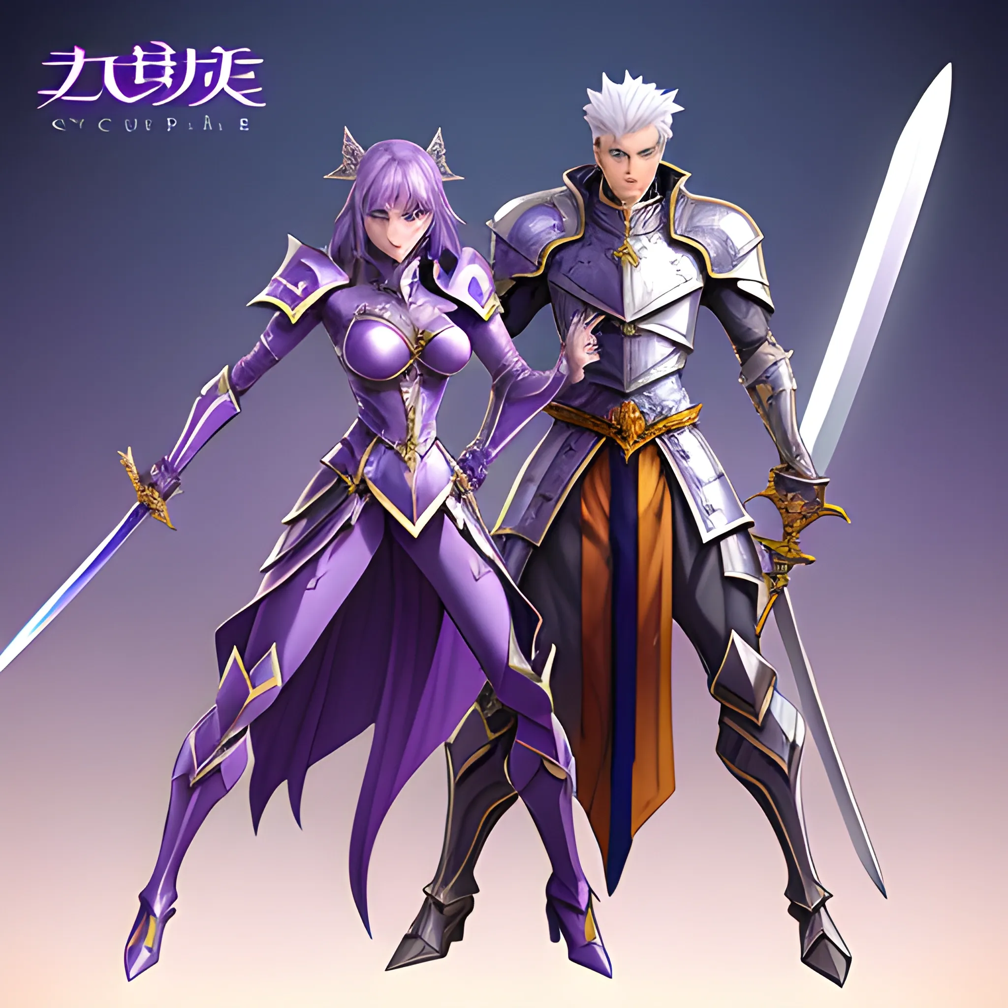 Cryptic Girl with her partner, holding swords and standing next to a sword, in the style of light purple and light indigo, 2d, dark white and light amber, dignified poses, li-core, group material, azure, anime, Cryptic Girl, woman knight, light amber, 2d, fantasy