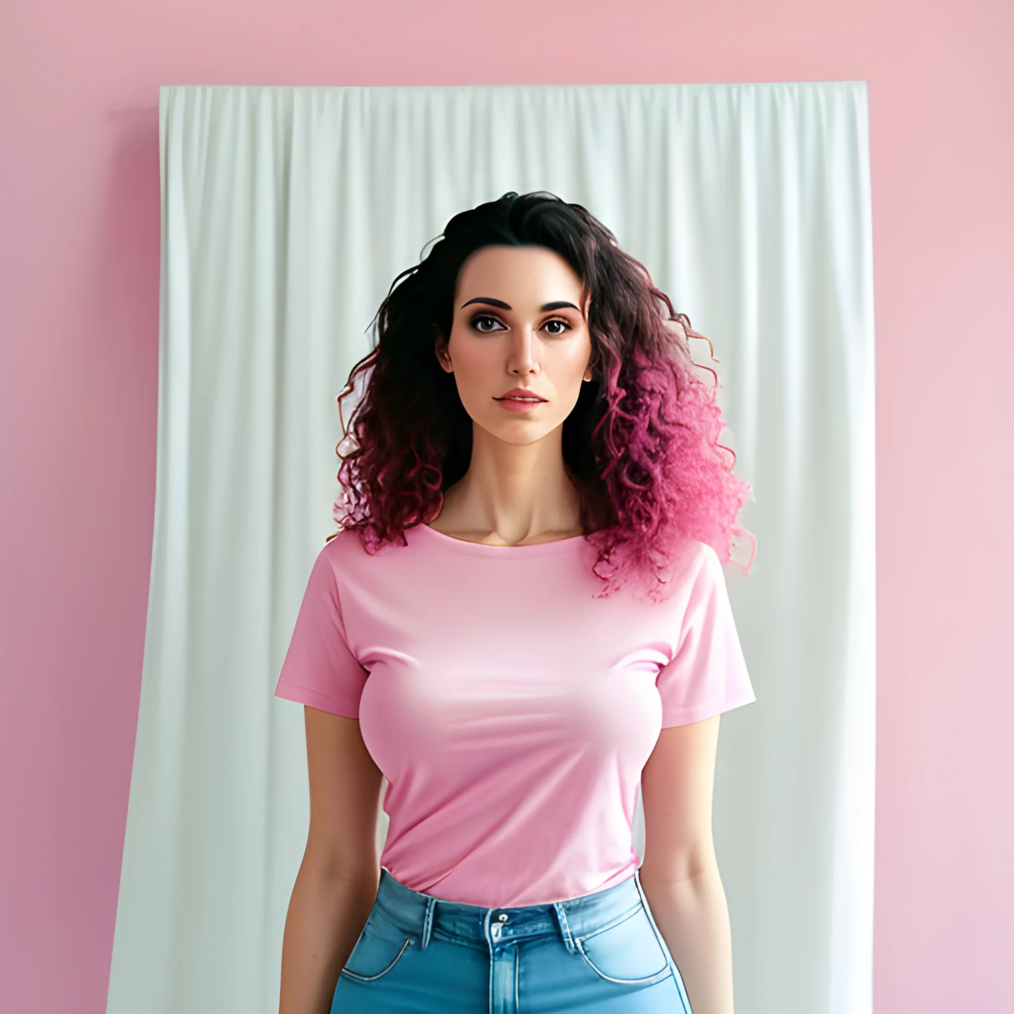 A young woman with wavy hair, wearing a pink t-shirt and jeans, standing against a pastel wall in morning light, with a white curtain hanging nearby. The photo was taken with a Canon camera at F2, featuring short lighting, reminiscent of Vogue influences