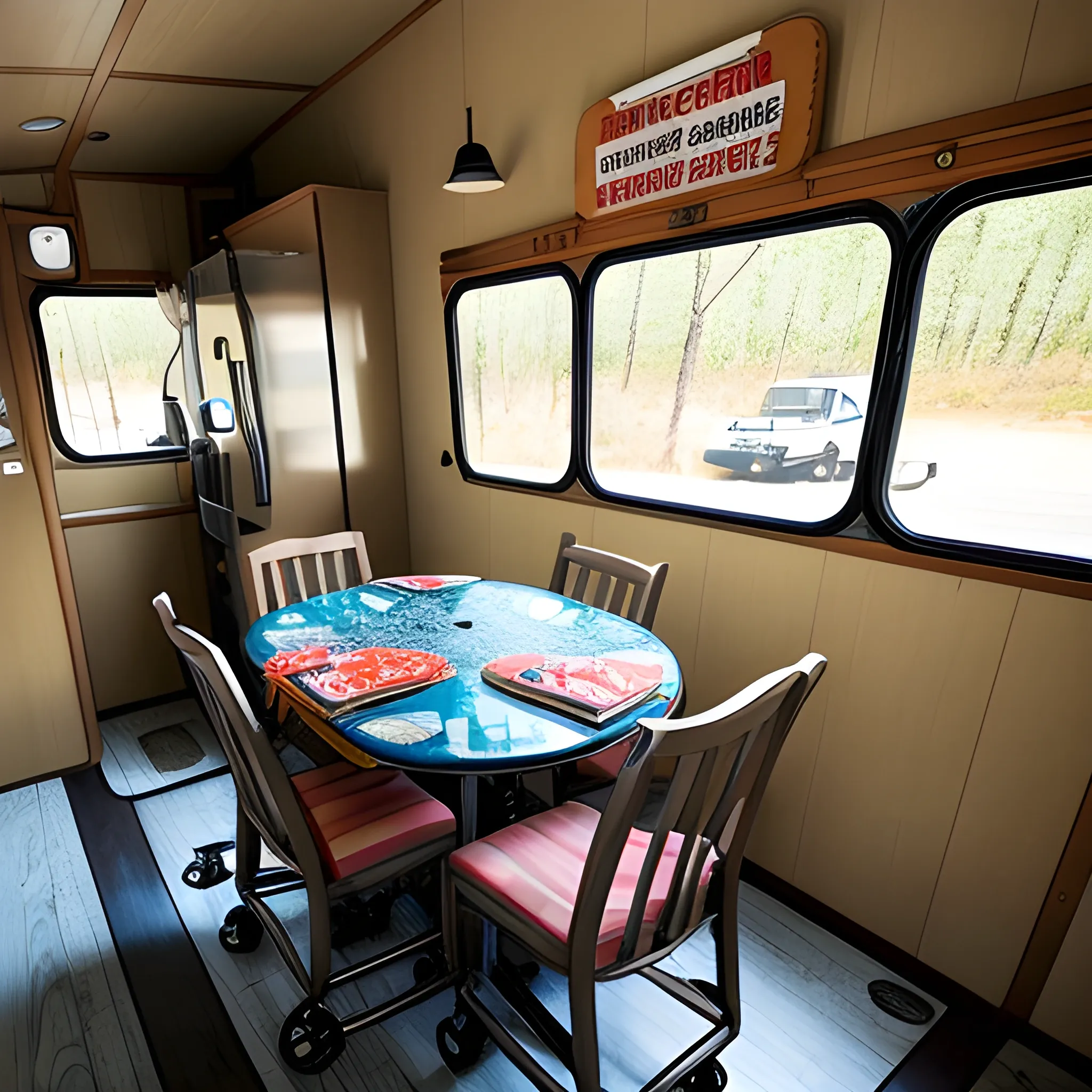 A extremely huge 6 1974 Winnebago homestay built on a tank wheels is rolling on a tundra with a groups of people living inside. The homestay has 6 levels and features an open deck areas where the families enjoy spending time together. There are several chairs placed around the decks, as well as some dining tables for outdoor meals. The scene captures a unique and cozy lifestyle for this family who calls the mobile homestay their home. Styles of M.C. Escher, vibrant glass, & Norman Rockwell.