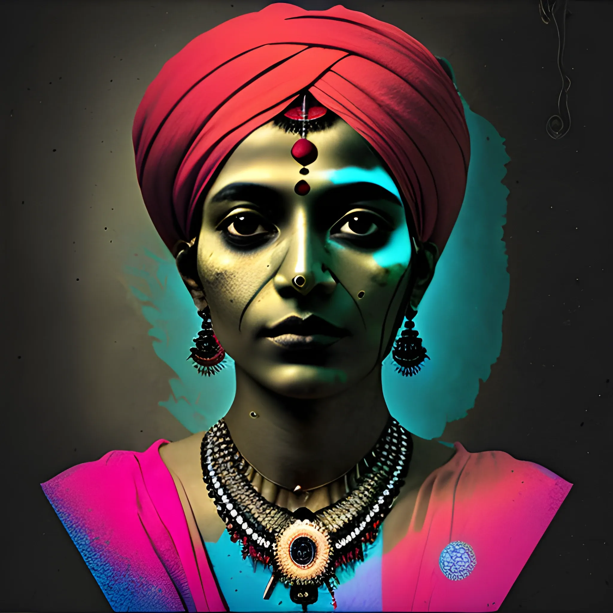 mixed media photography, fusing photography and digital art, portrait of a Indian Women , augmented reality ,experimental narrative,dark duotone color palette, double exposure , creative and unconventional angles, Trippy