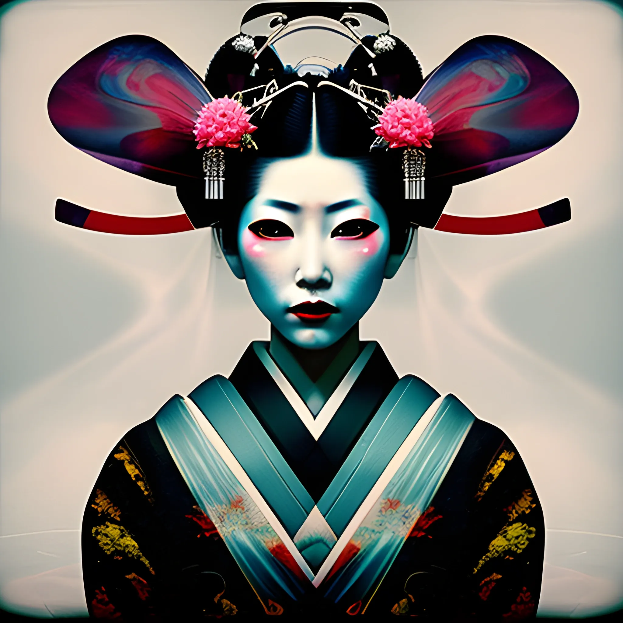 mixed media photography, fusing photography and digital art, portrait of a geisha , augmented reality ,experimental narrative,dark duotone color palette, double exposure , creative and unconventional angles, Trippy