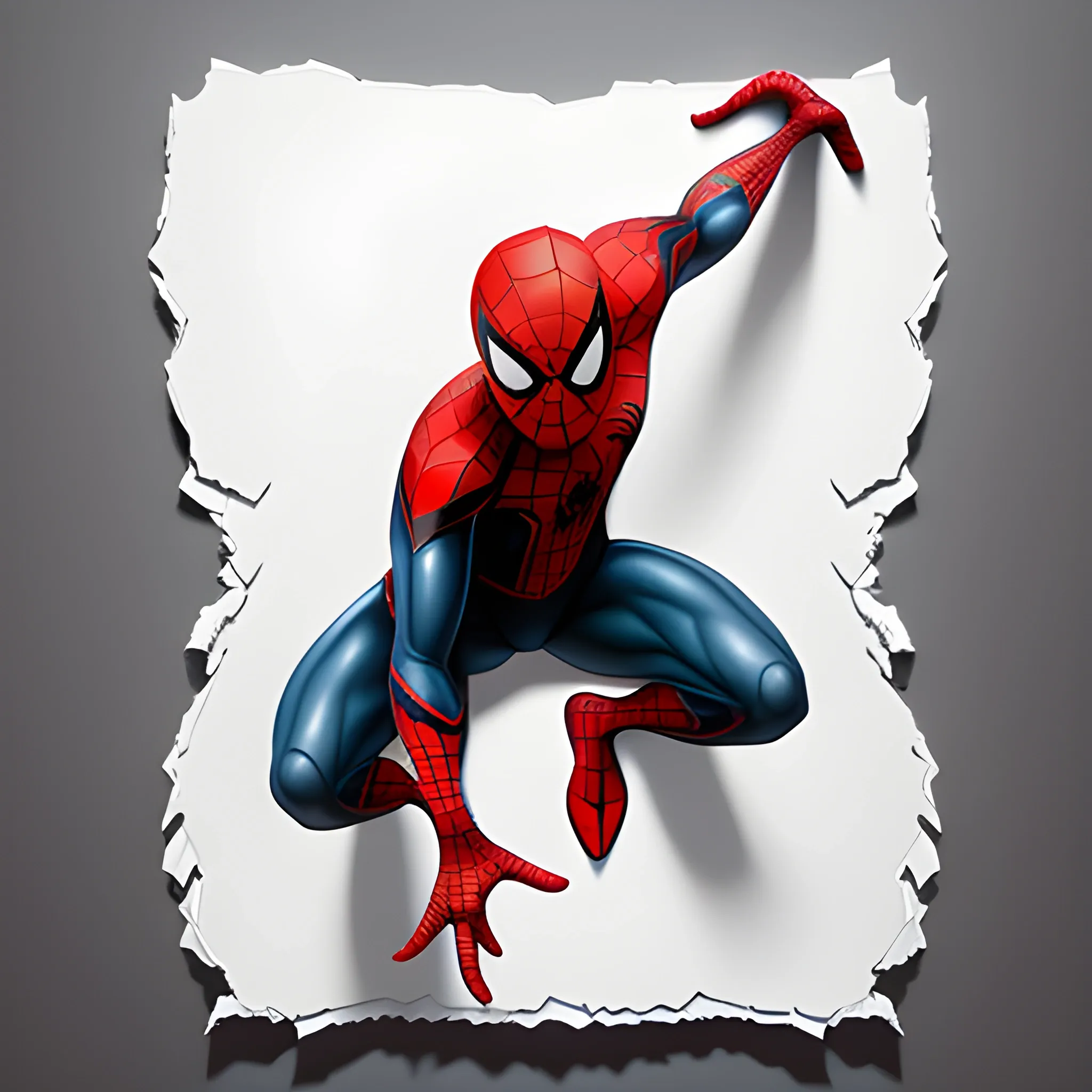 three-dimensional drawing of a Spider-man on a white paper, in style of trompe-l'œil, full body