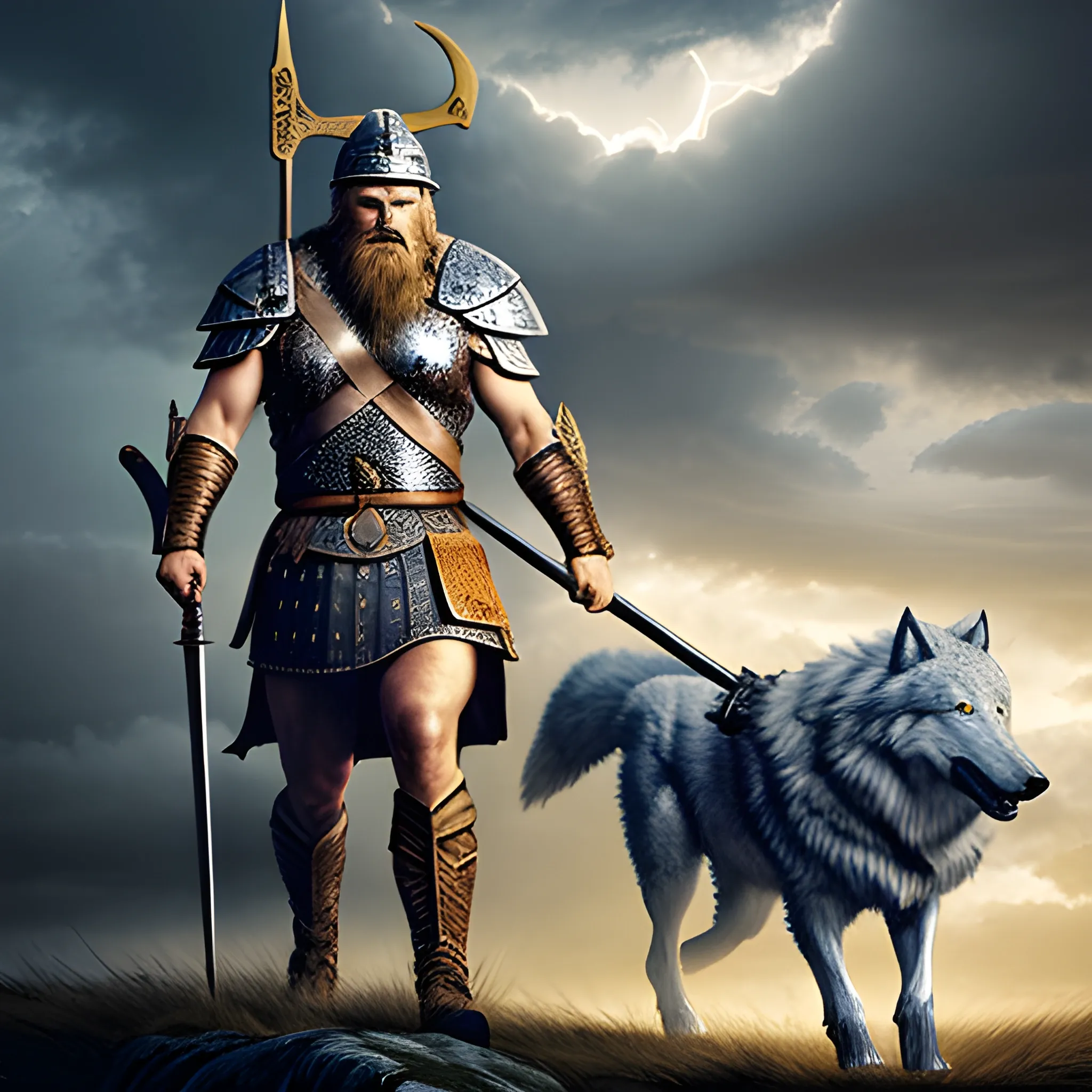 An ancient Viking warrior-god holding a golden spear, walking alongside a giant silver wolf, lightning skies