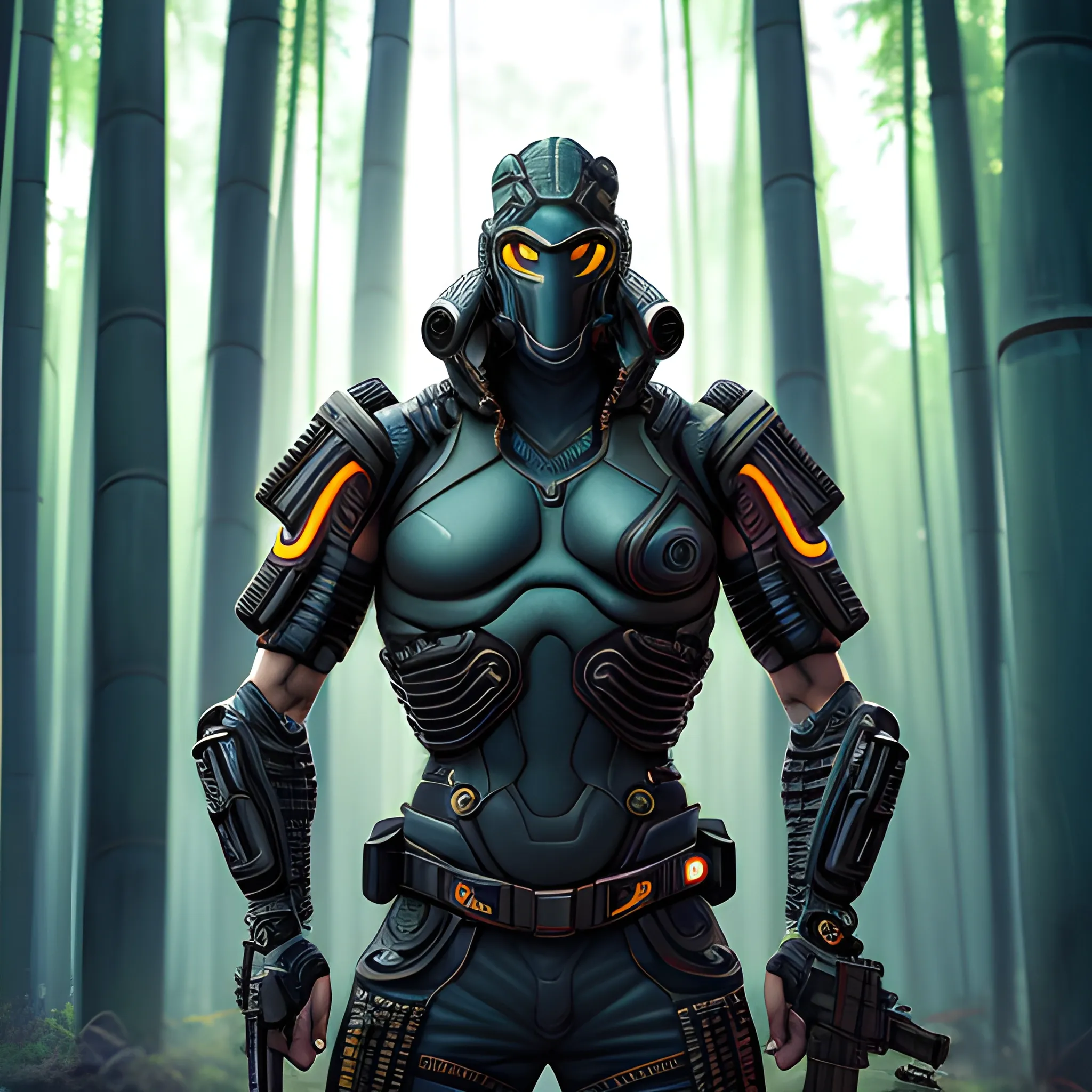 A cyberpunk anthropomorphic Cobra warrior holding an assault rifle, Wearing Cobra skin armor, Behind is a bamboo forest, Fine details, Best quality, 8k, high resolution, (masterpiece:1.2), Super Detail, (1.4x more realism), HDR, Professional Studio Lighting, Ultra-fine, Clear depth of field, Physically Based Rendering, Extremely detailed description, Professional, Vivid colors, Film texture