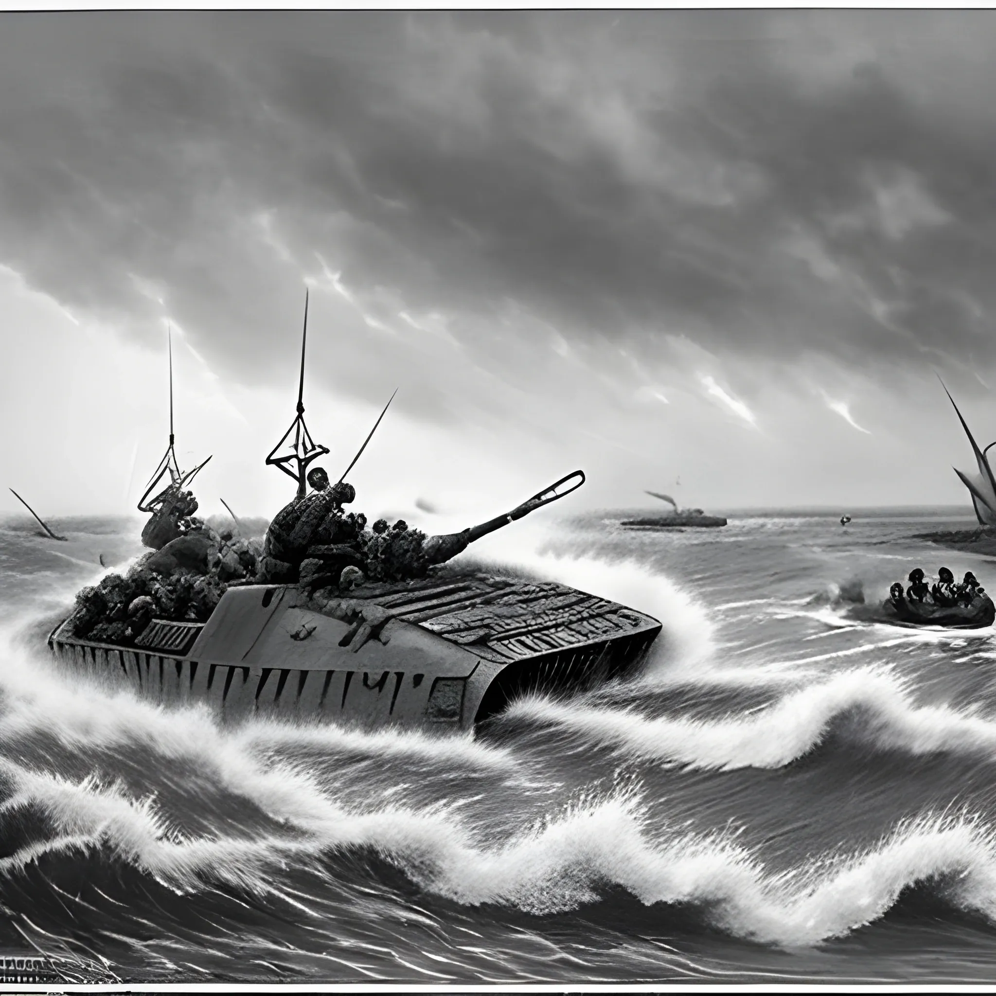 A historical depiction of the landing at Normandy, with soldiers storming the beaches under heavy fire. The scene should capture the intensity and bravery of the troops, with detailed elements like landing crafts, explosions, and the determination on the faces of the soldiers. The sky is overcast, reflecting the gravity of the moment