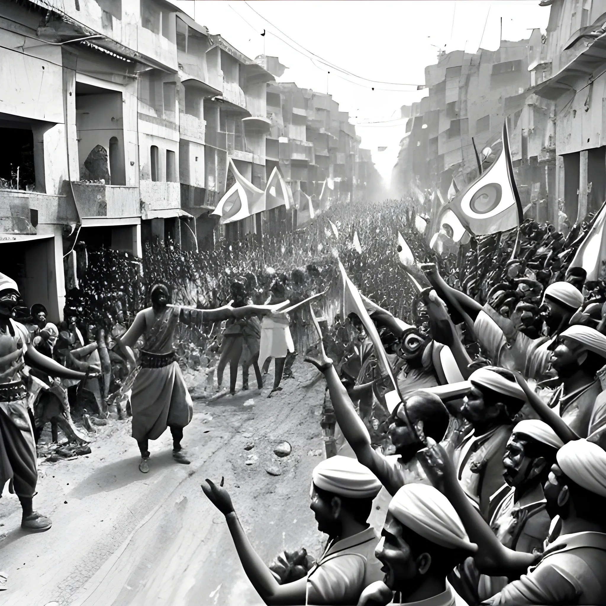 A vibrant and triumphant scene of the liberation of a Indian village, with soldiers being welcomed by joyous locals. The streets are filled with celebration, flags waving, and a sense of relief and hope. The buildings show signs of battle, but the spirit of freedom prevails. Capture the emotion and jubilation of this historic moment