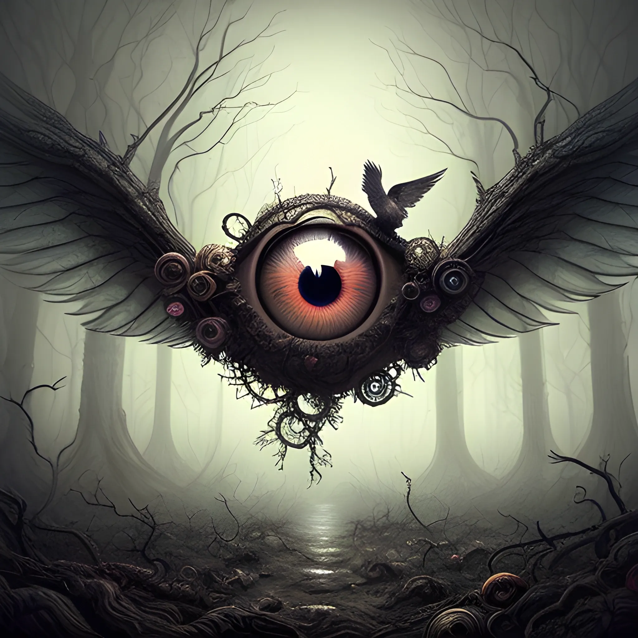 floating eyeball with with multiple pairs of giant wings, mythical ...