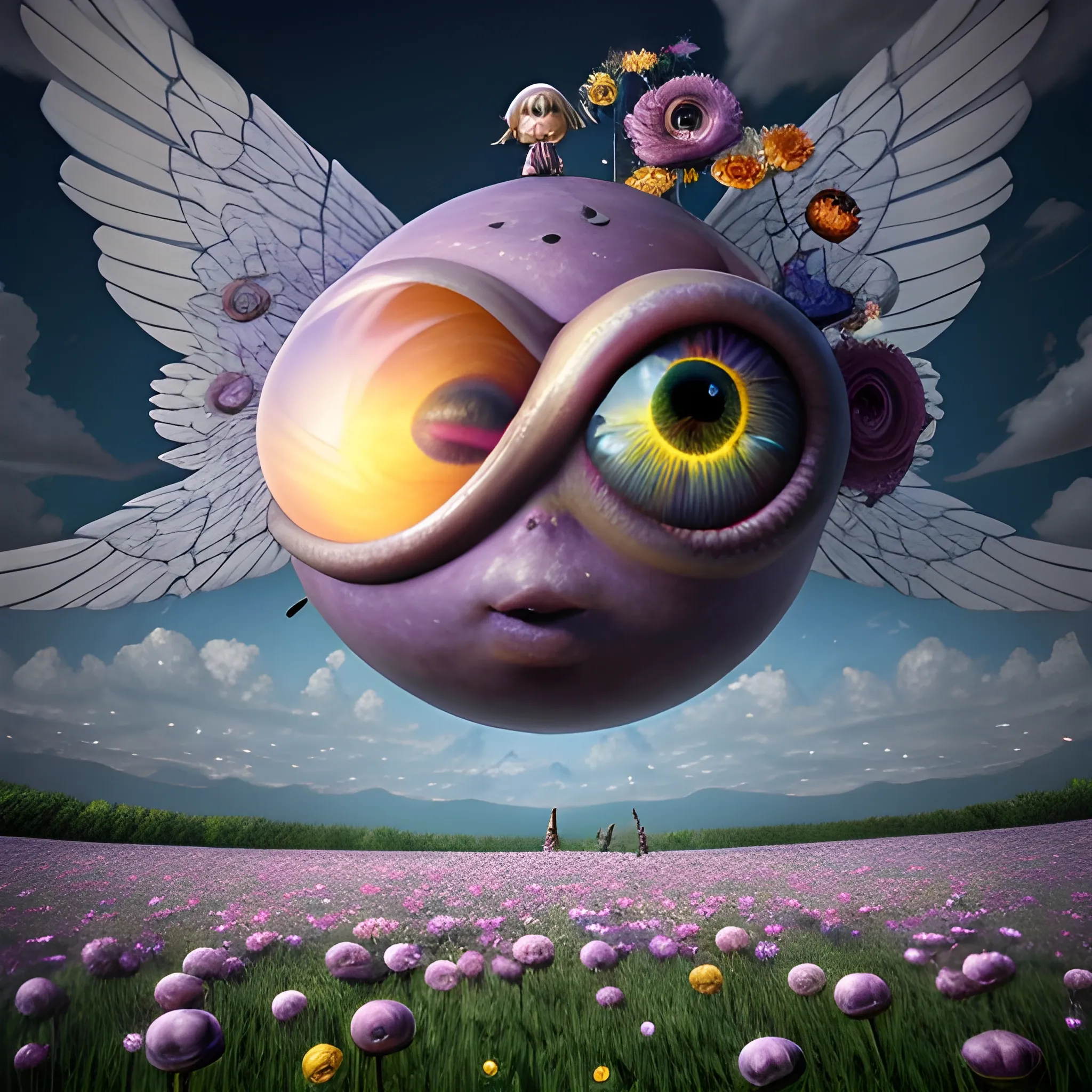 floating eyeball with with multiple pairs of giant wings in a field of flowers, gnomes swept up in the sky, professional drawing, dynamic scene, atmospheric, ambient light, detailed flowers, swirling tornado, gnomes in the air, highres, professional, atmospheric, dynamic, detailed flowers, dramatic lighting