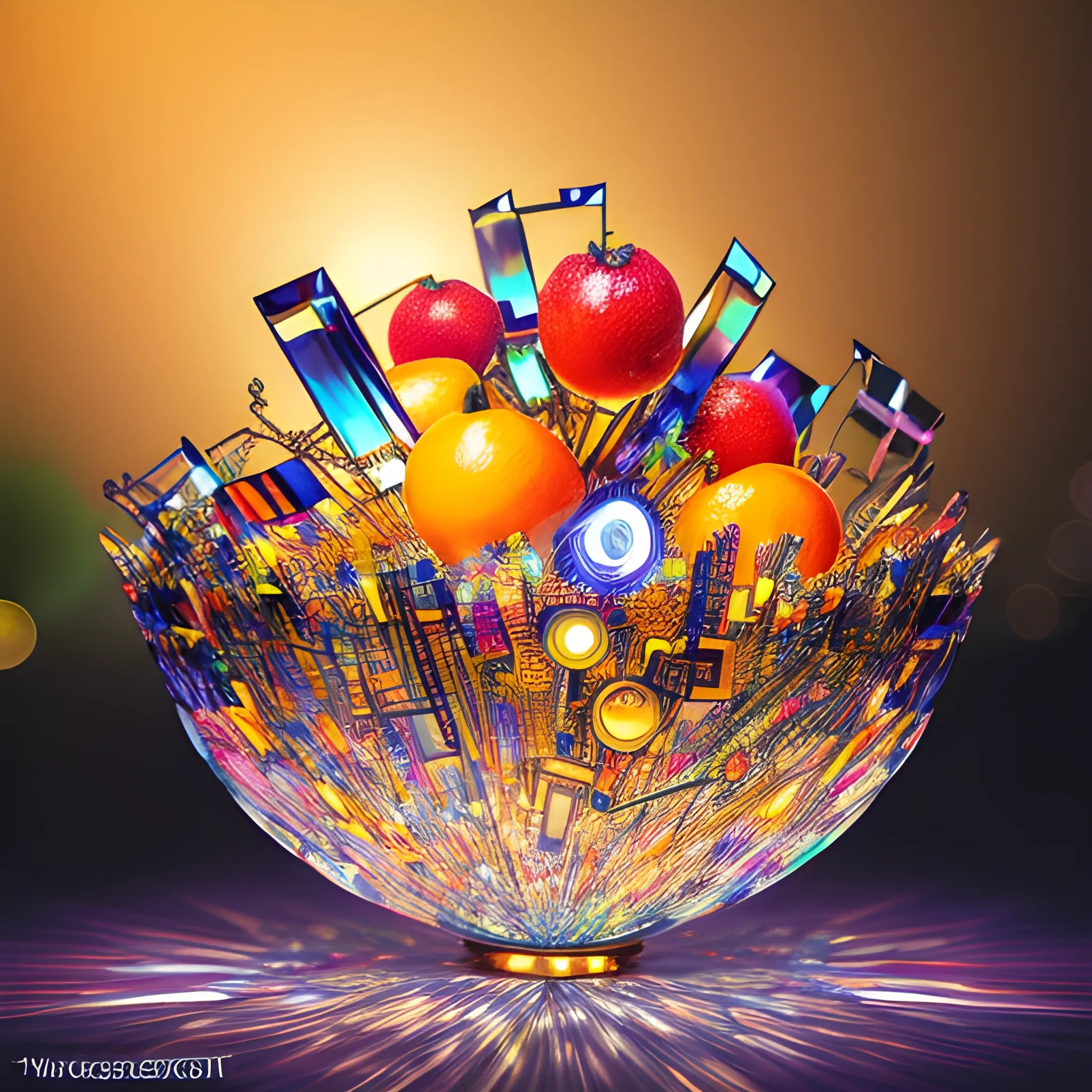 (masterpiece, best quality:1.2), masterpiece, hyper-detailed , lots of circuit note symbols inside an Fruit Bowl made of crystal, awesome full color, masterpiece design, beautiful vie, ((light bokeh)), photography, realistic, fantasy concept, Trippy