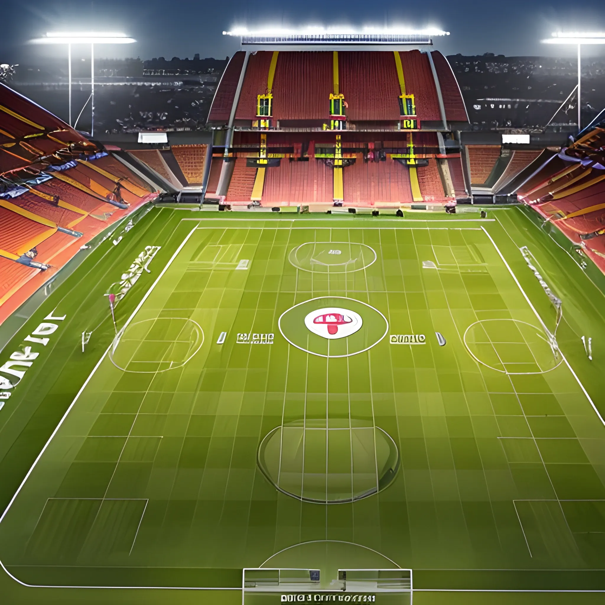 Is shot at the Known as "RAMS PARK STADIUM" home to GALATASARAY, and captures a view of the perfectly manicured pitch. The precisely cut, vibrant green grass provides the perfect backdrop for the match that is about to take place. The stadium lighting accentuates the brightness of the grass creating a magical atmosphere.
