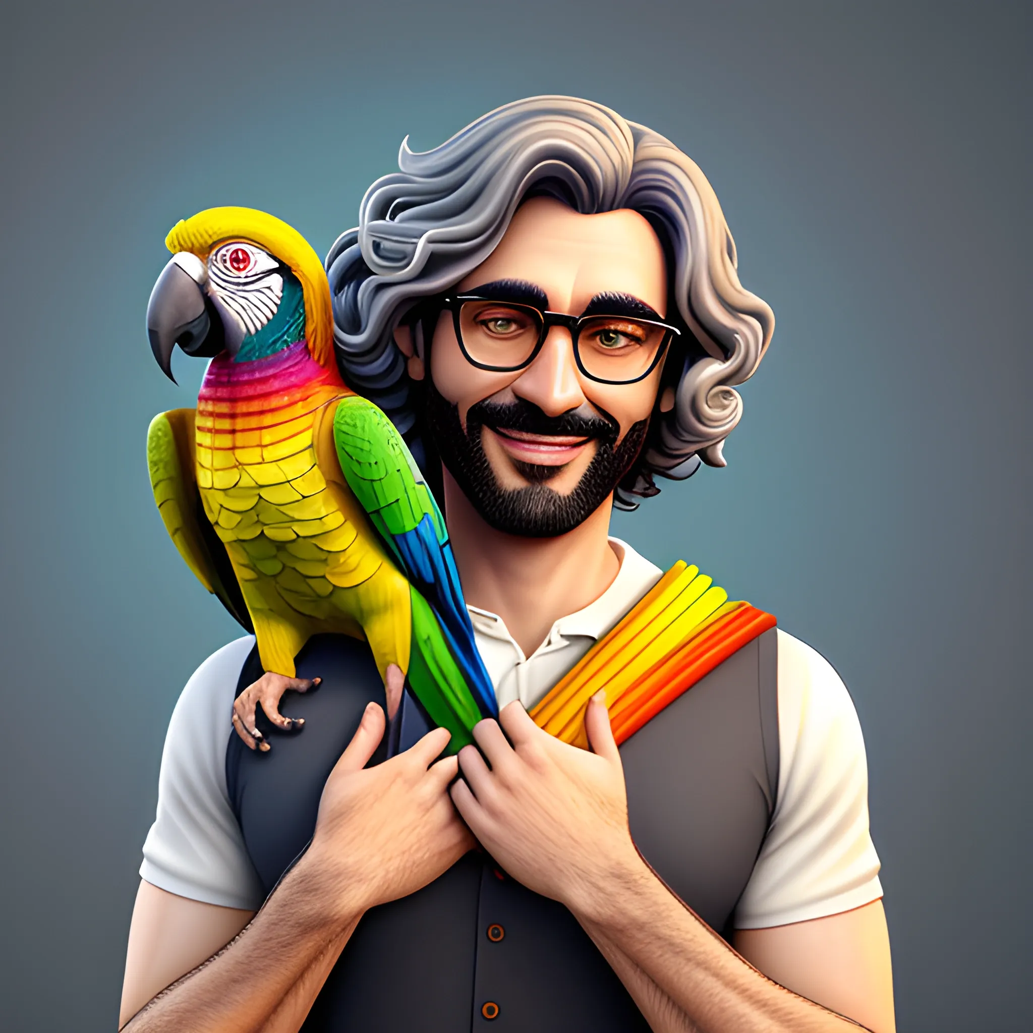 cartoon (skin color) (boy, if desired) character with a relaxed smile on the front, wearing a (outfit of choice), (color) eyes, (x) length (wavy, curly, straight, short) (color) hair. Hugging (parrot swap to holding). 3d render, big eyes, digital painting, storybook realism, cinematic 