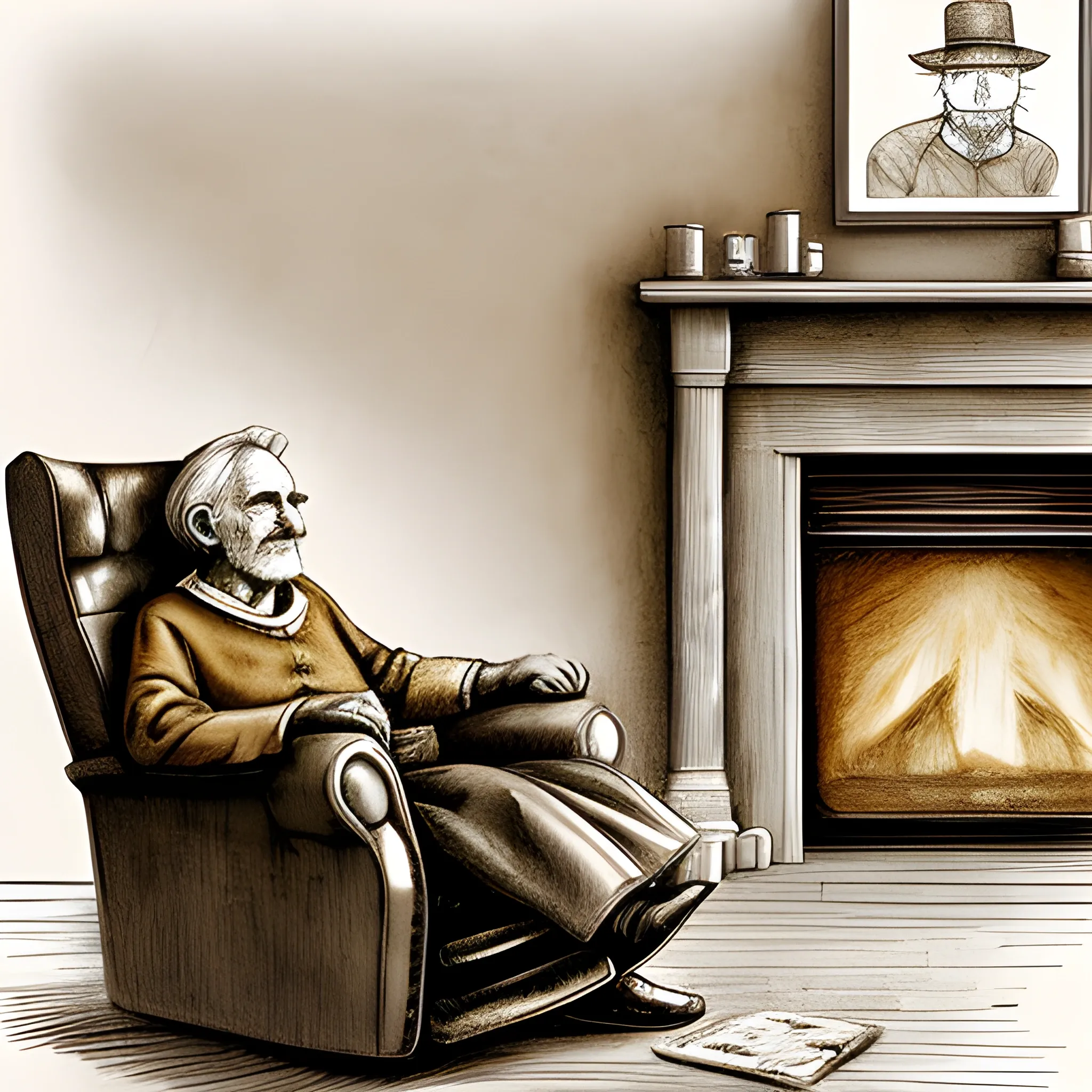 A cozy room with an old man sitting in an armchair by the fireplace. A cat sits on his lap, looking up at him. The room has a warm, nostalgic feel with sepia tones, Pencil Sketch