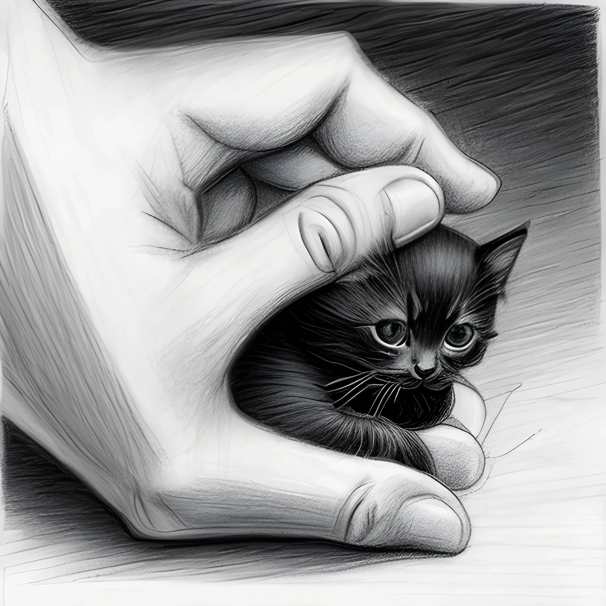 human hand with piece of bread in it, thin black kitten is eating this bread , Pencil Sketch