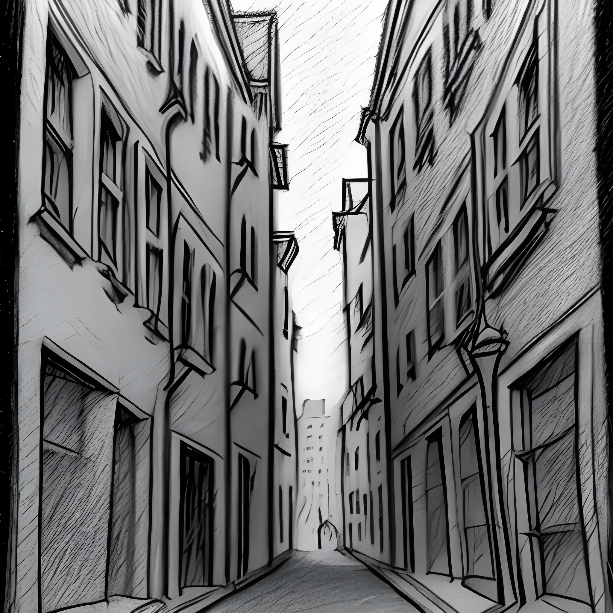 A small, scruffy kitten in a dark, narrow alley. The surrounding buildings are tall and imposing, casting long shadows, Pencil Sketch