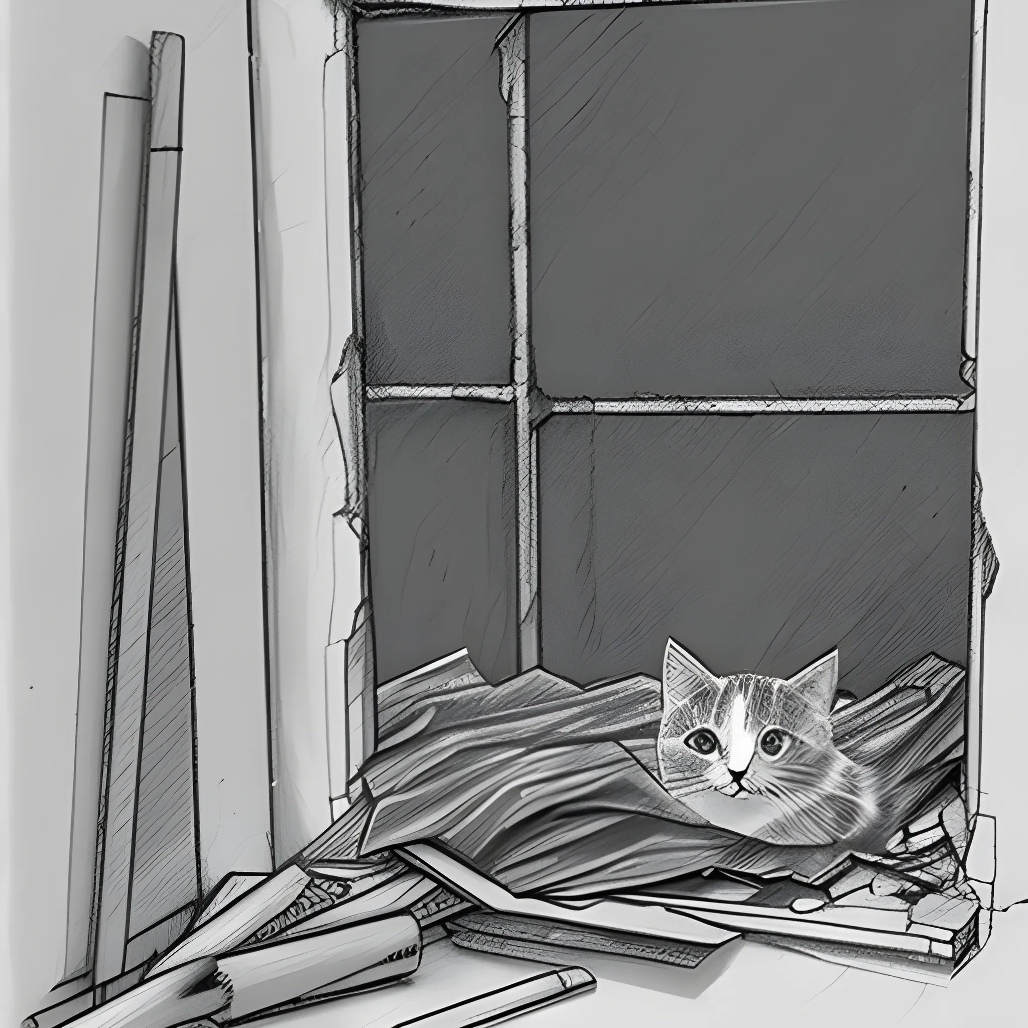 Inside a dilapidated warehouse, with broken windows and debris. Fado, as a tiny kitten, nestles in a corner, surrounded by rags, Pencil Sketch