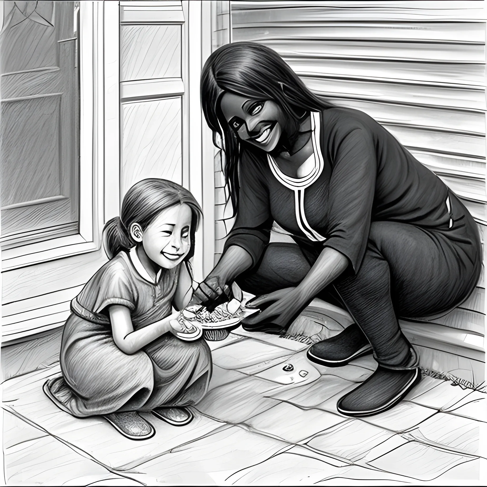 black cat being fed by a kind woman in a poor neighborhood. The people around look worn but are smiling and friendly, Pencil Sketch