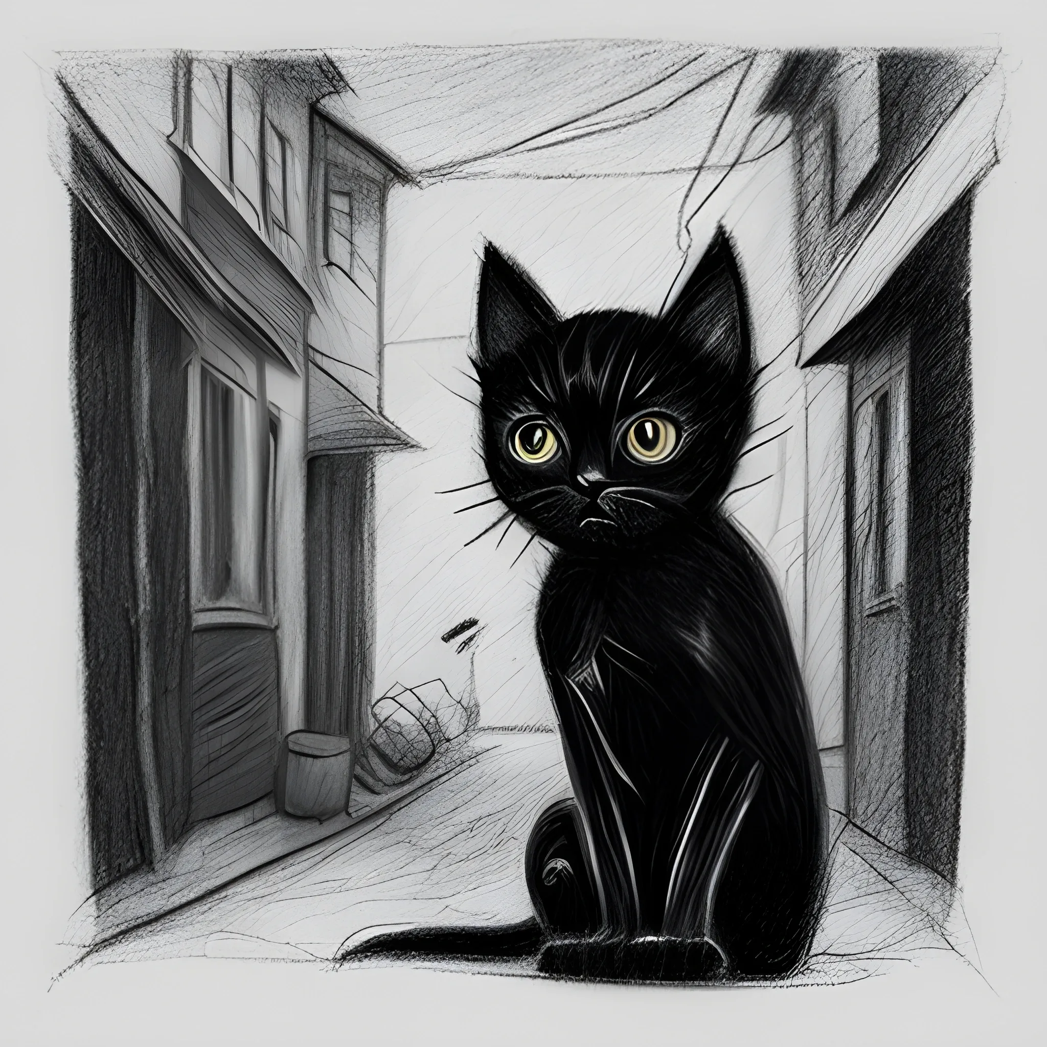 black kitten shivering in the cold, his breath visible in the air. he is on the  alley - empty and desolate, with a faint light in the distance, Pencil Sketch