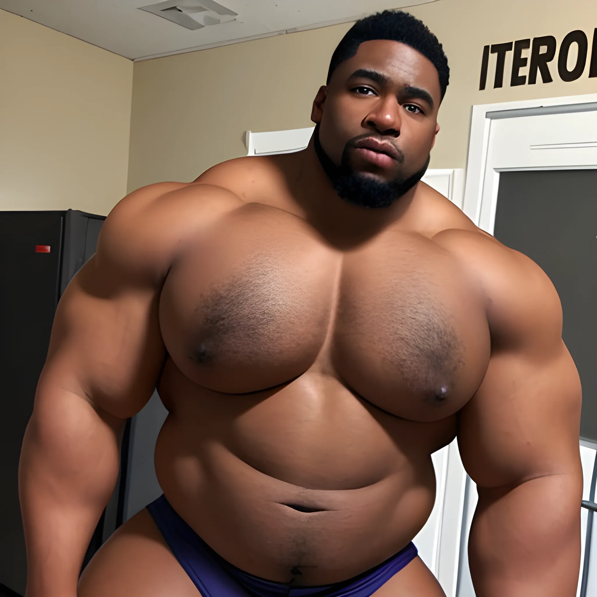 Big beefy african american man, big bulge, shirtless