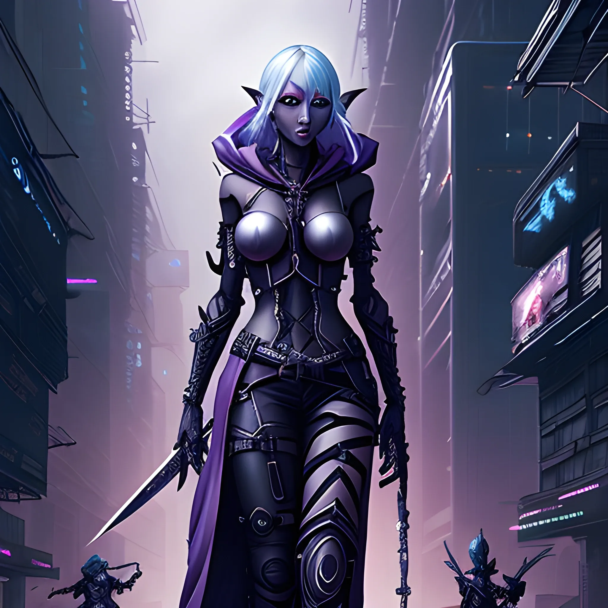 cyberpunk, elf, drow, dark, night, city, warrior, assassin, katana sword anime, sci-fi, Anime character, futuristic scifi futuristic postapocalypse, anime manga AnimeManga fantasy art Comic sci-fi