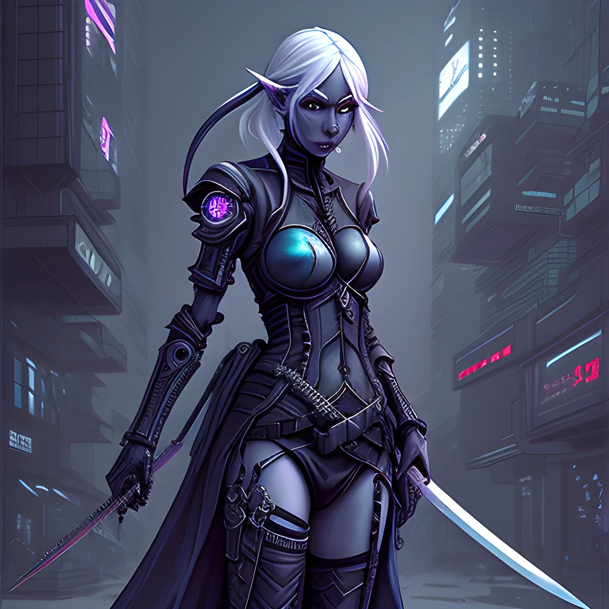 cyberpunk, elf, drow, dark, night, city, warrior, assassin, katana sword anime, sci-fi, Anime character, futuristic scifi futuristic postapocalypse, anime manga AnimeManga fantasy art Comic sci-fi, Pencil Sketch