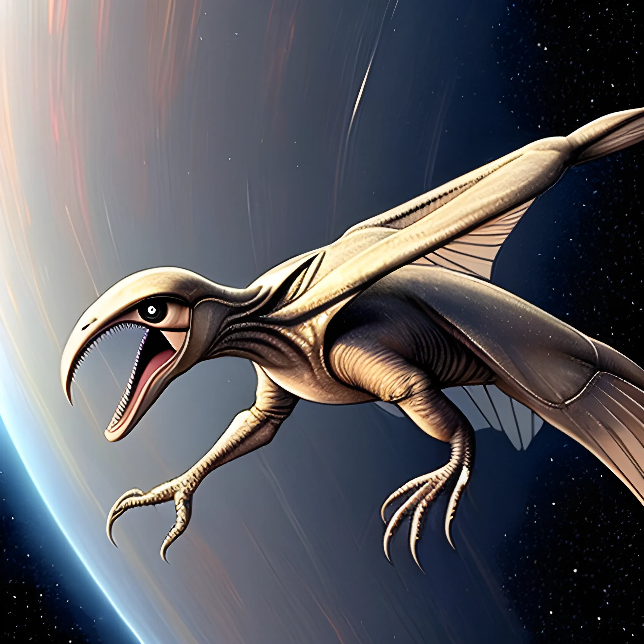 An alien bird, that resembles a pterodactyl, but is a living spaceship, that's flying around space.