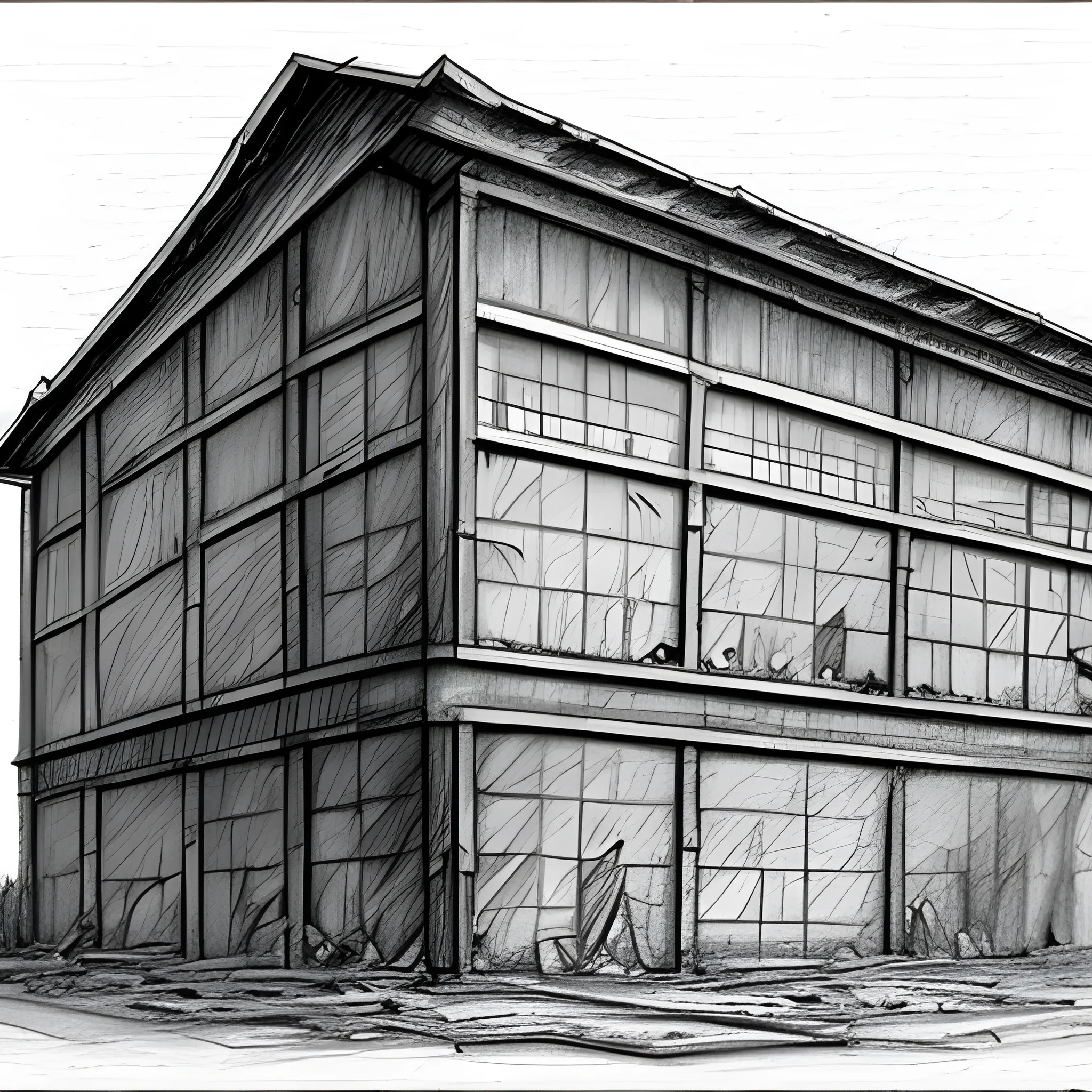 old broken warehouse, Pencil Sketch