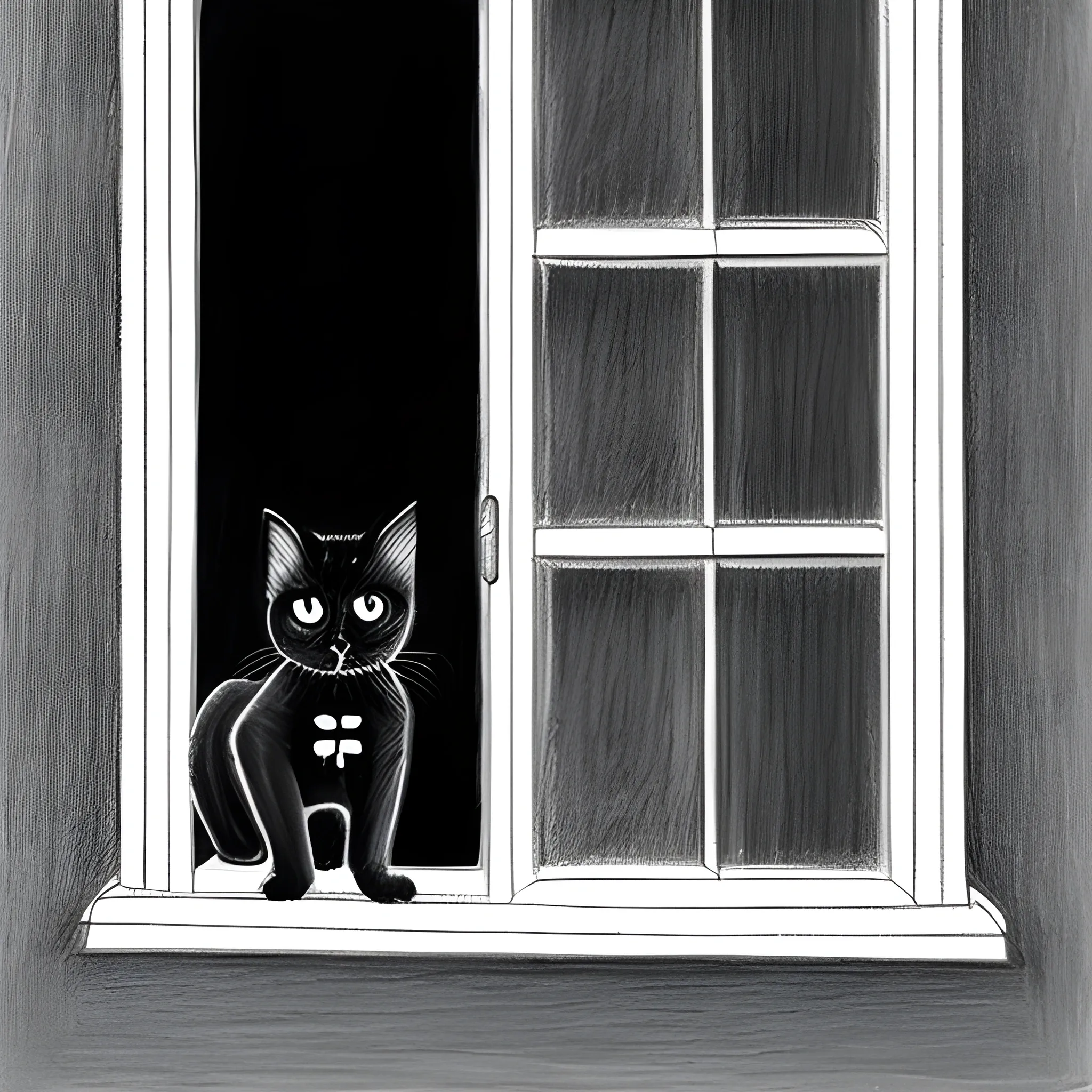 black kitten outside the house looks to the window, Pencil Sketch