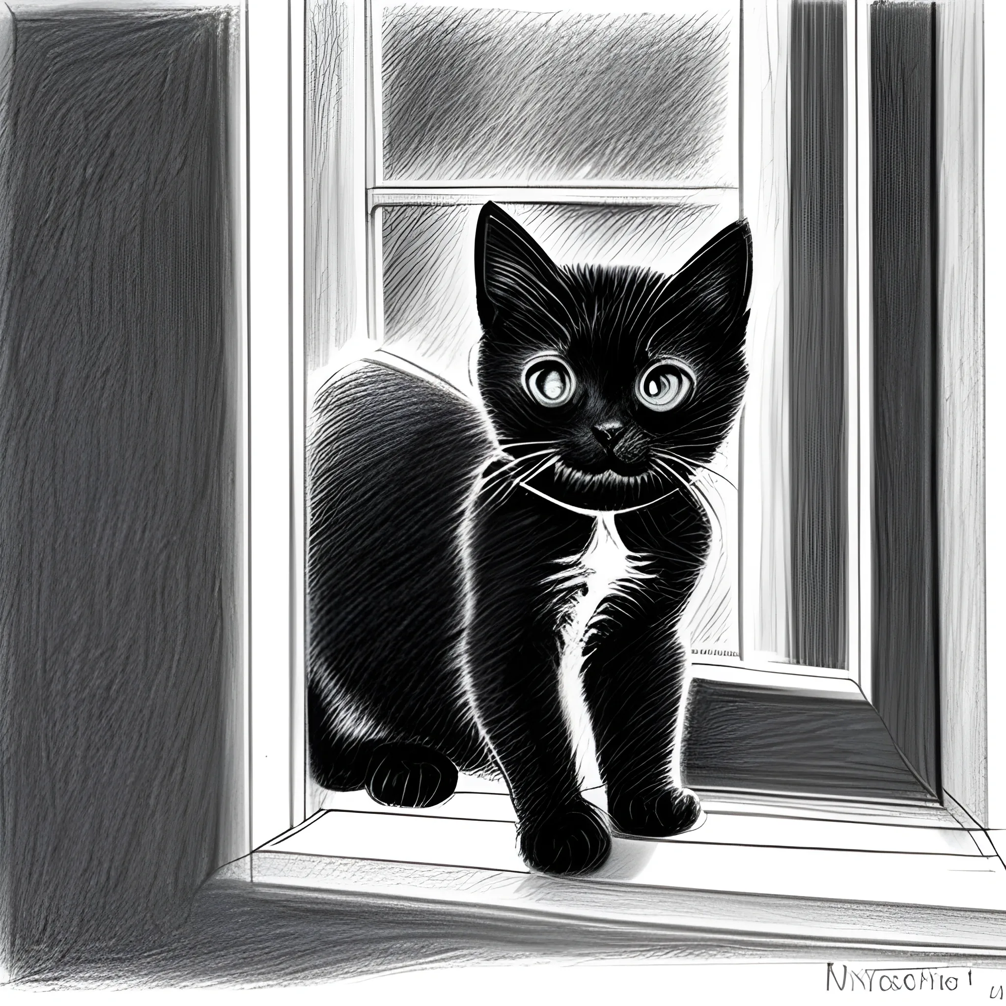 black kitten outside the house looks to the window to the inside, Pencil Sketch