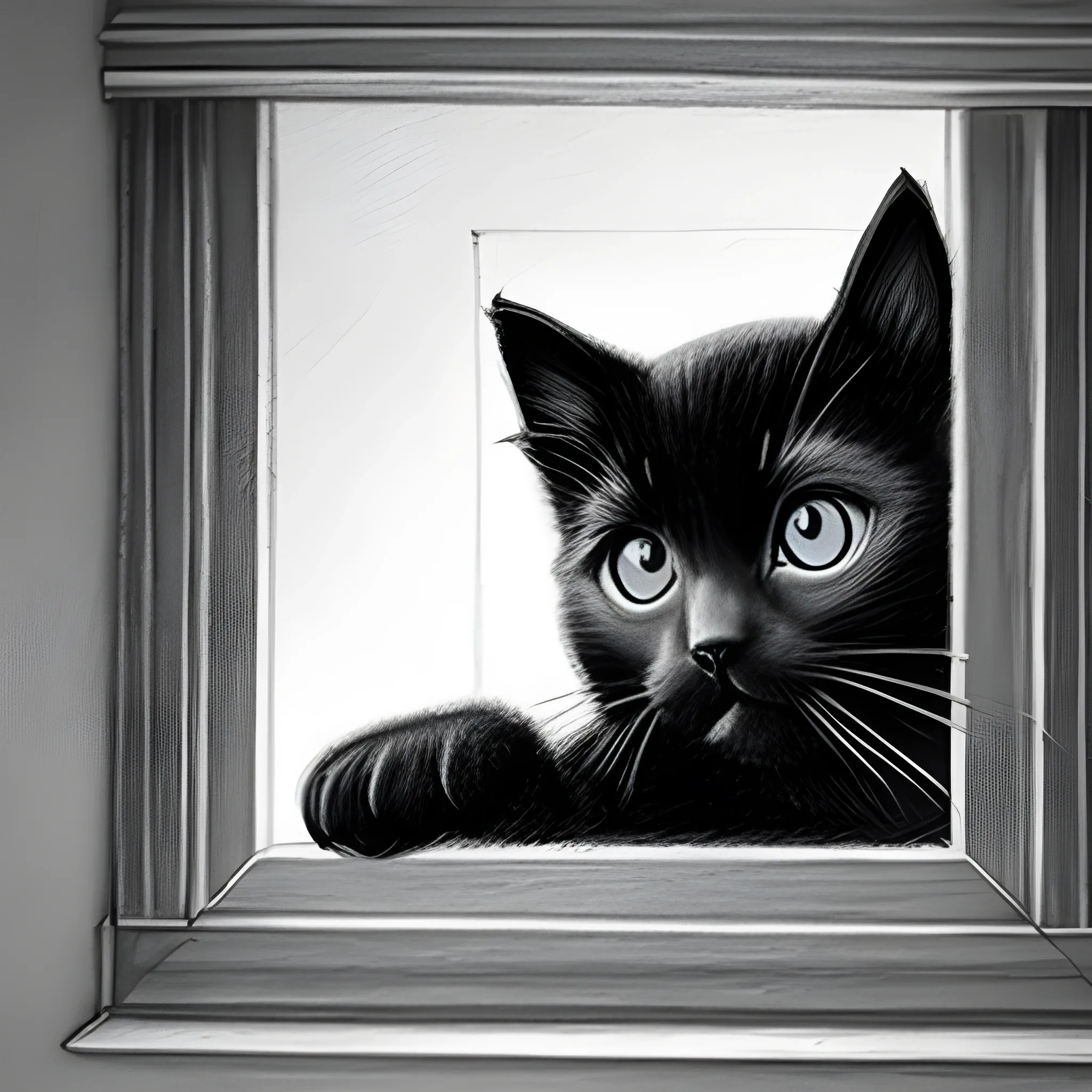 black kitten looks inside house through the window, Pencil Sketch