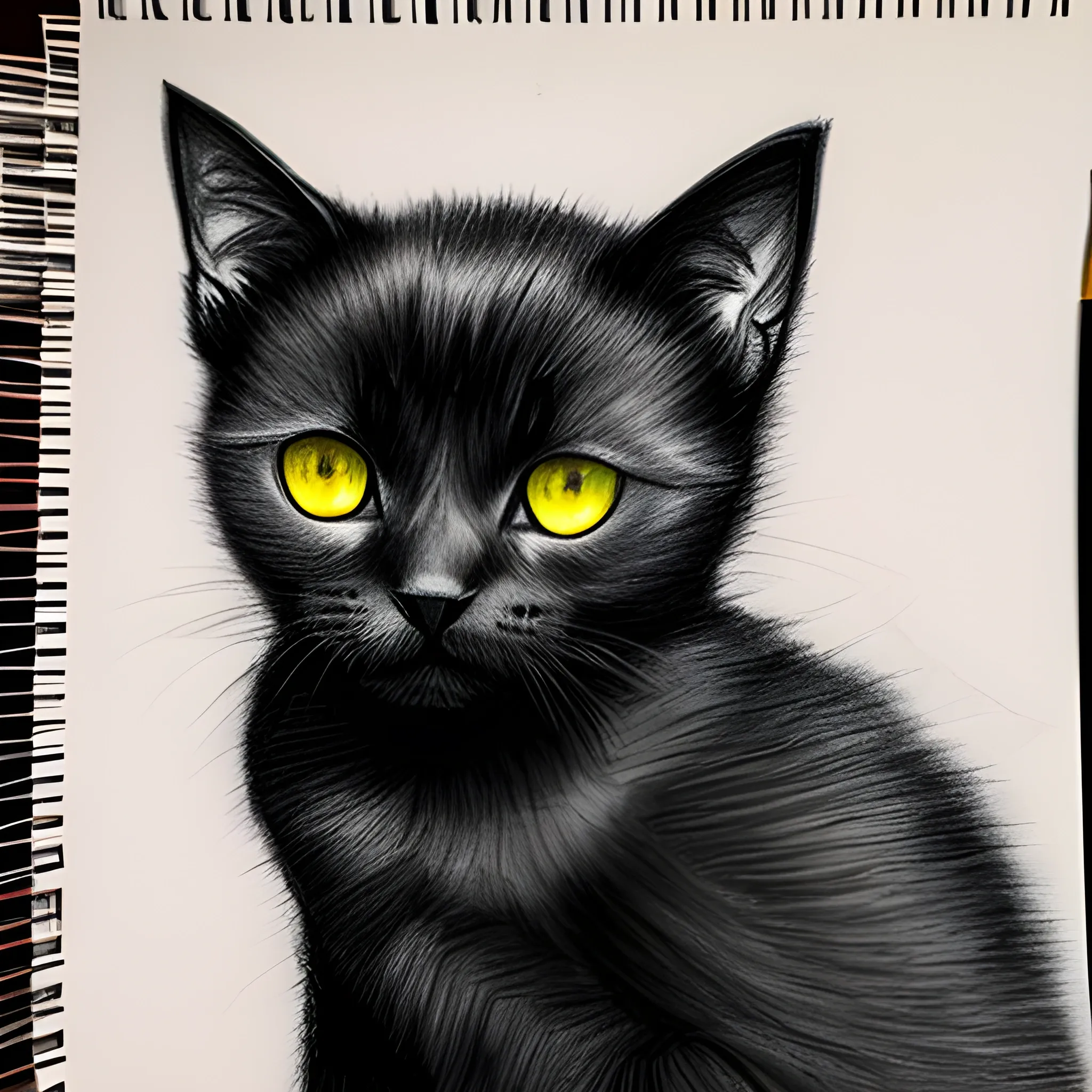 black kitten yellow eyes, Pencil Sketch