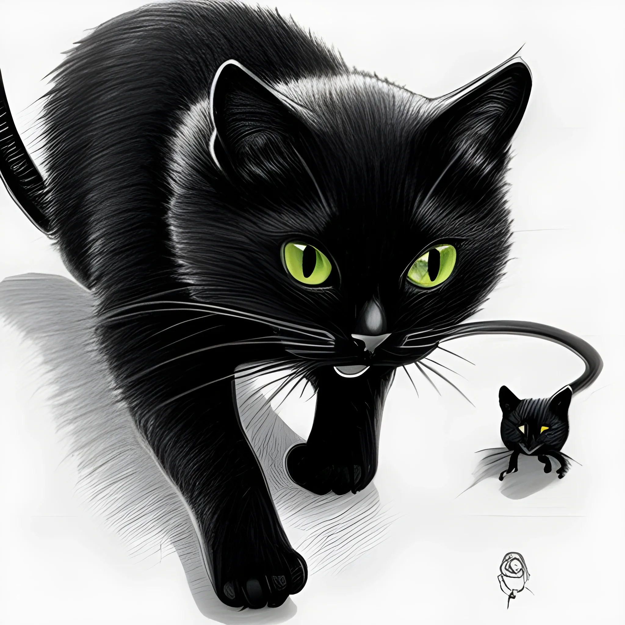 black cat hunting on mouse, Pencil Sketch