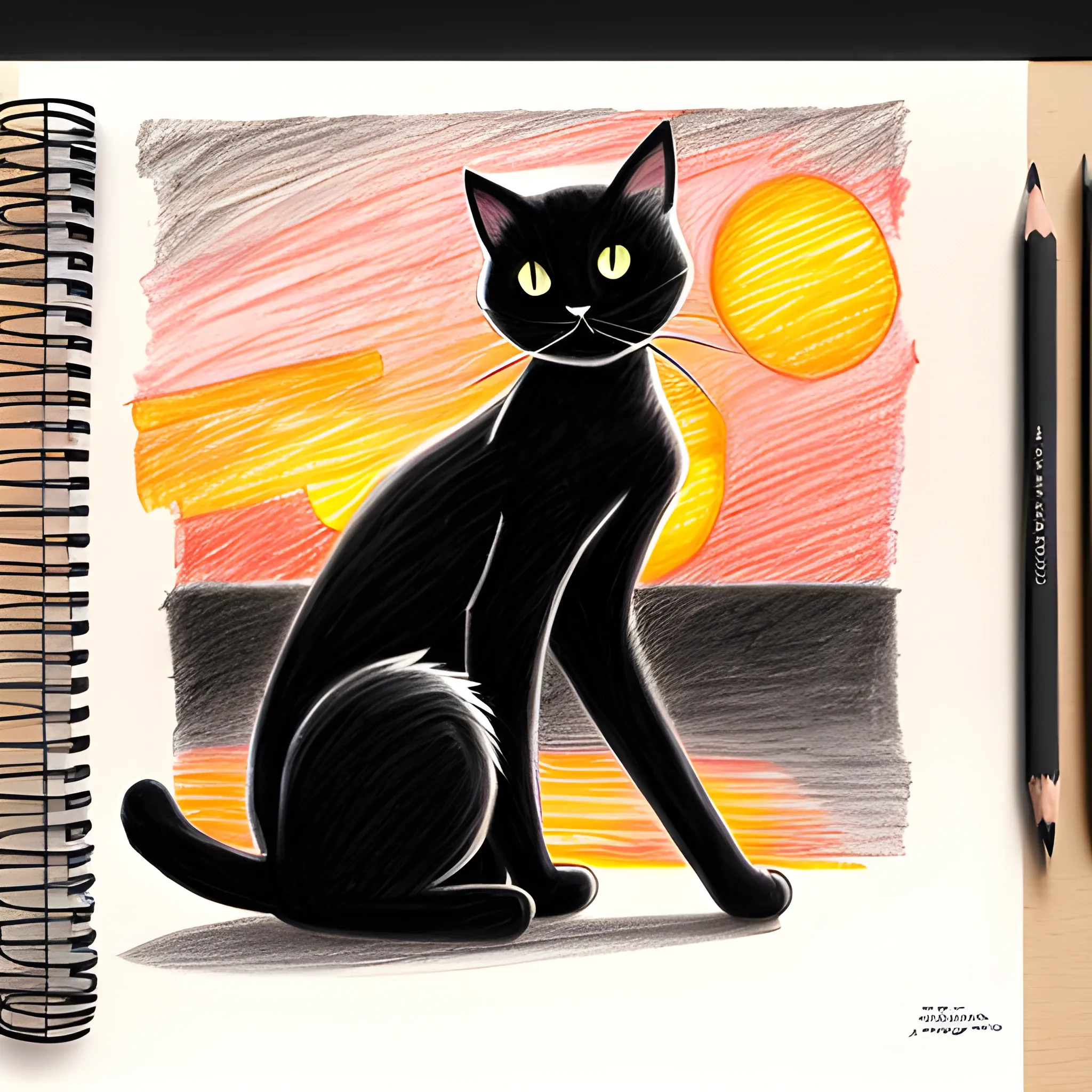 black cat with sunset, Pencil Sketch