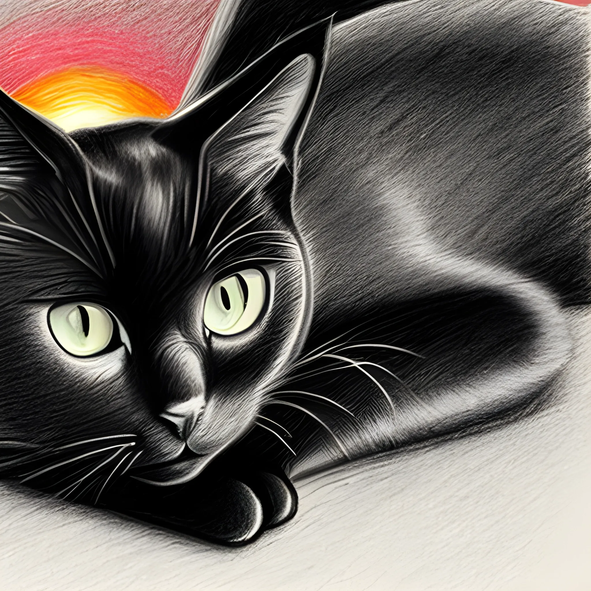 black cat with sunset, Pencil Sketch