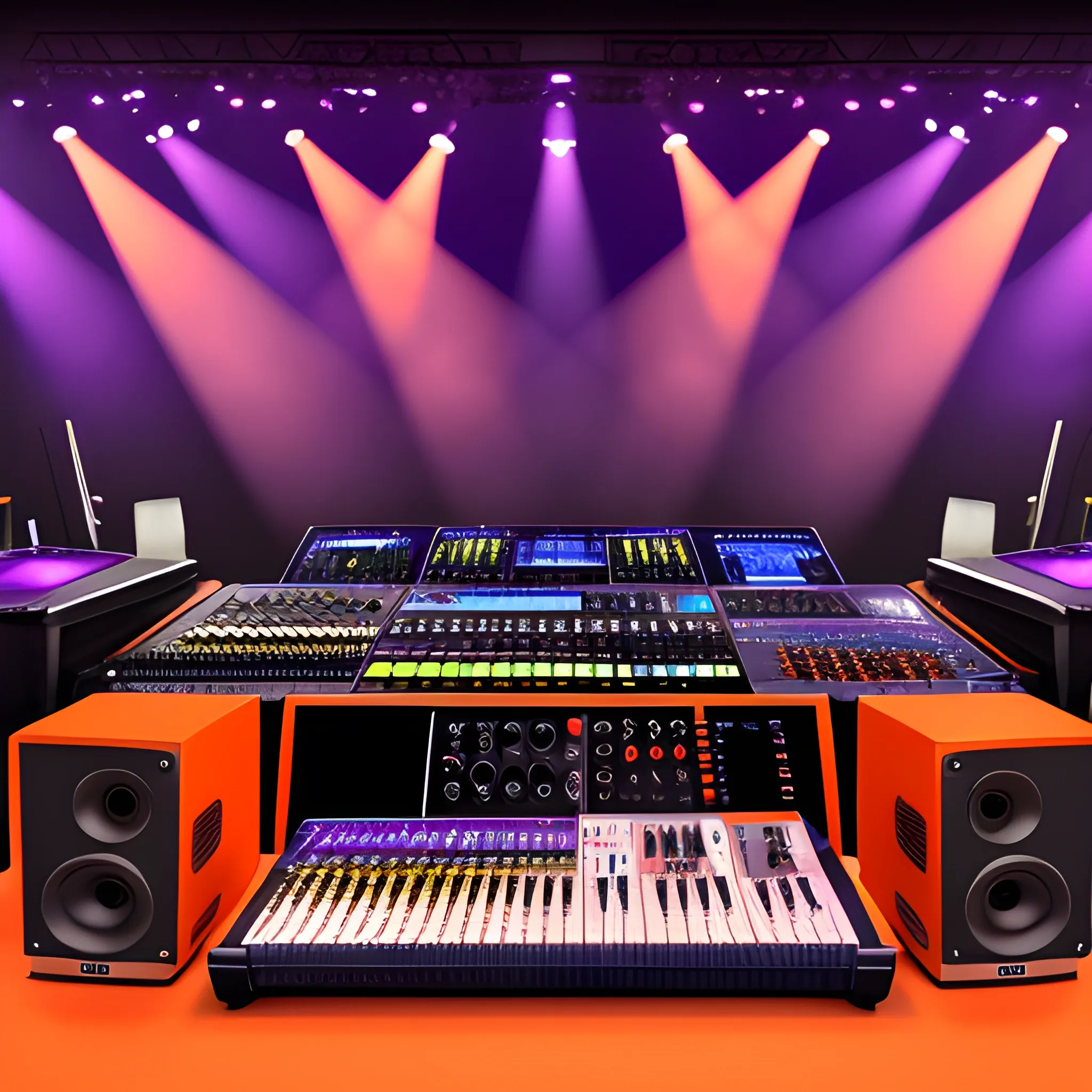 a photo realistic scene of concert hall technology with large loudspeakers and a mixer station, the dominant light colors are orange, purple and black