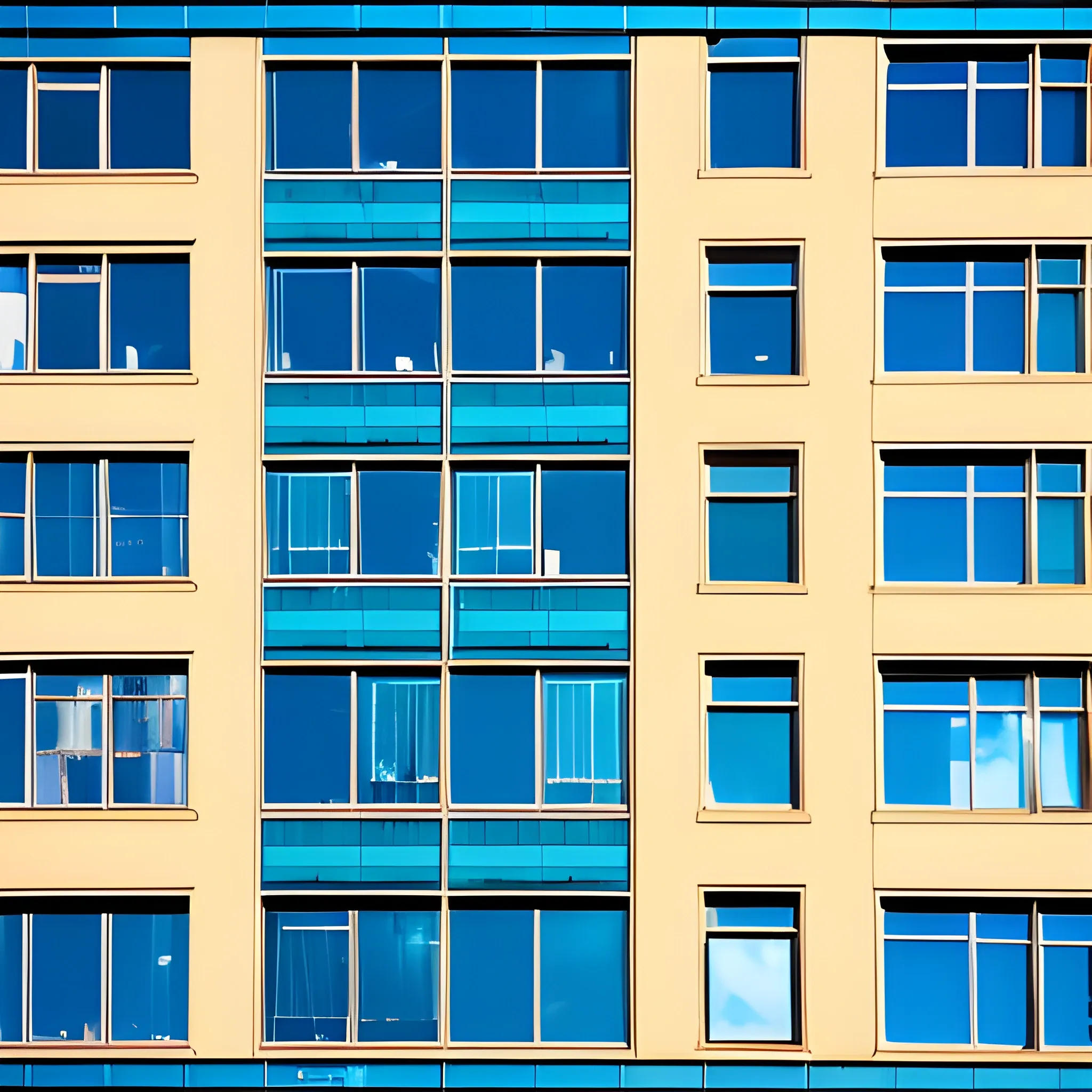 A lot of buildings around, windows mirroring the blue clowdy skies. Image being taken with a camera with a 75mm lens.