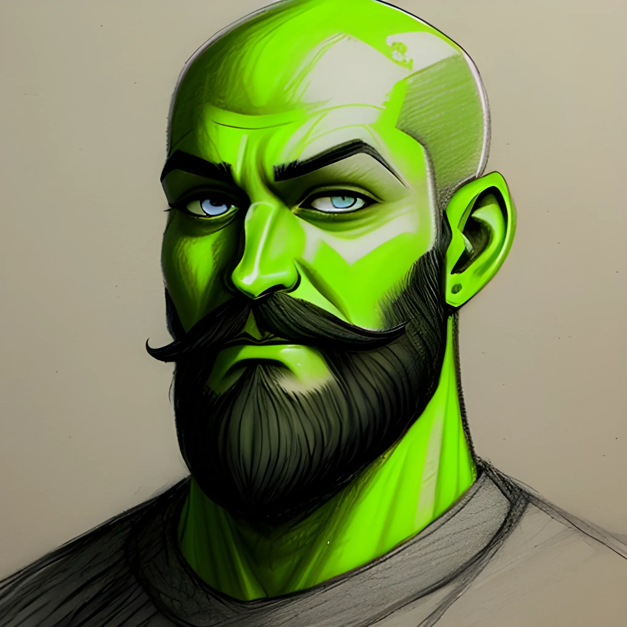 tall fit bald man with a beard and glowing green eyes, Pencil Sketch